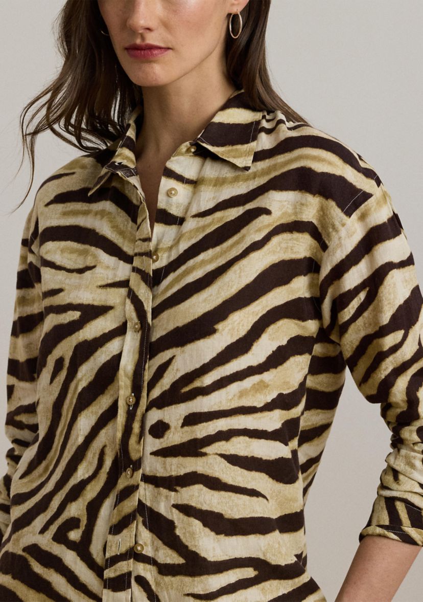 Womens Relaxed Fit Zebra-Print Linen Shirt