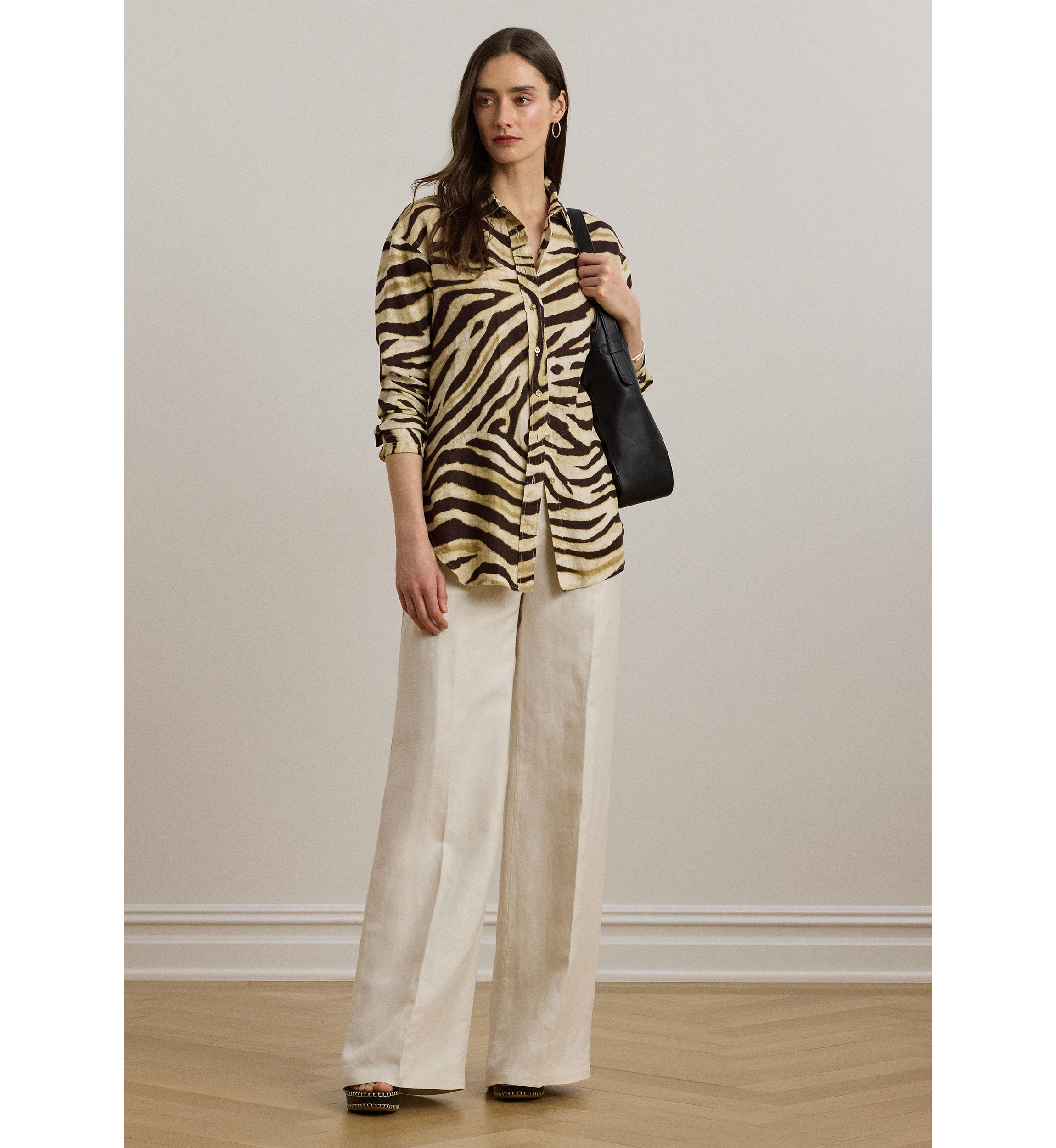 Womens Relaxed Fit Zebra-Print Linen Shirt