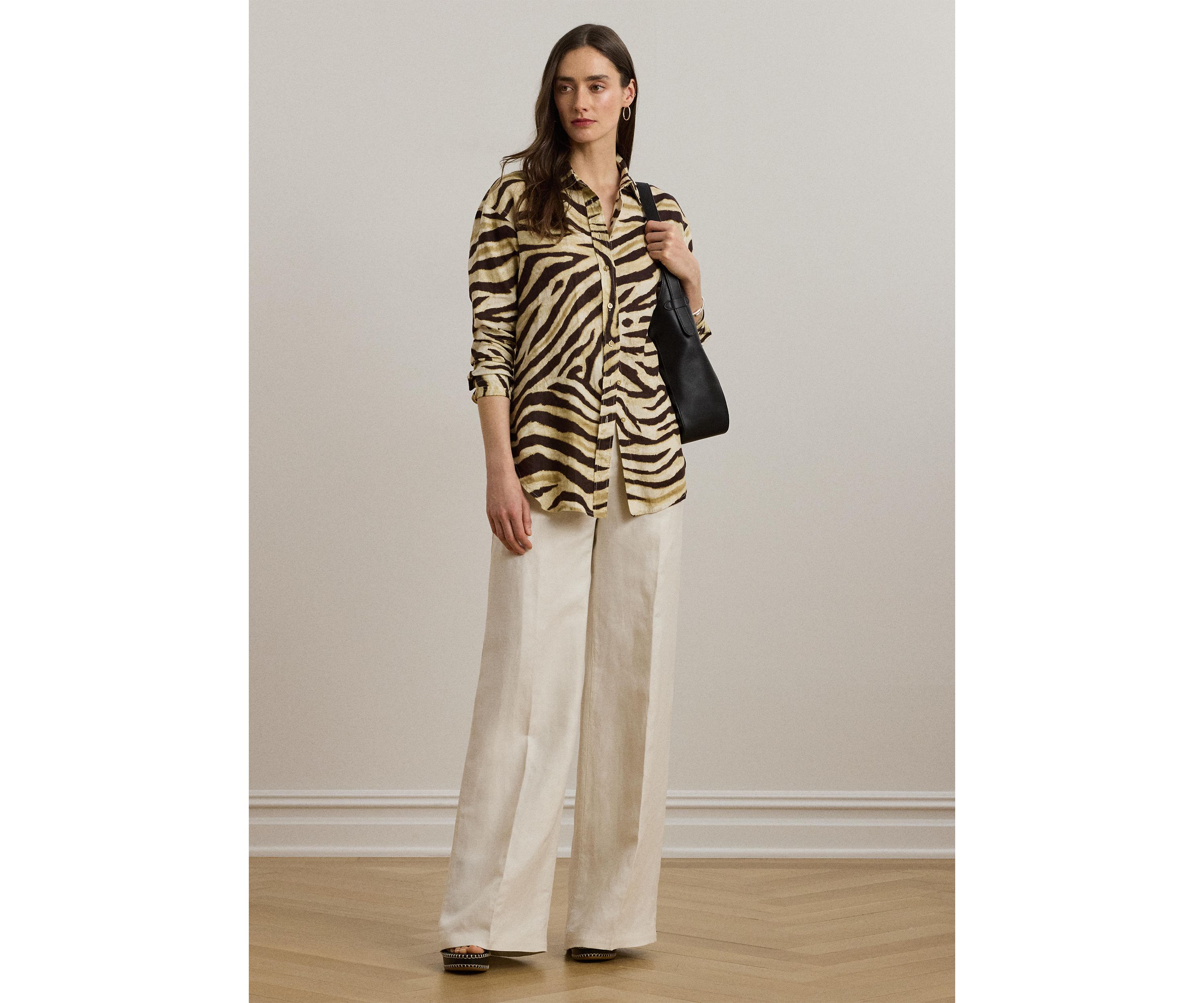 Womens Relaxed Fit Zebra-Print Linen Shirt