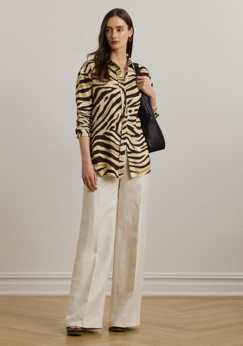 Womens Relaxed Fit Zebra-Print Linen Shirt