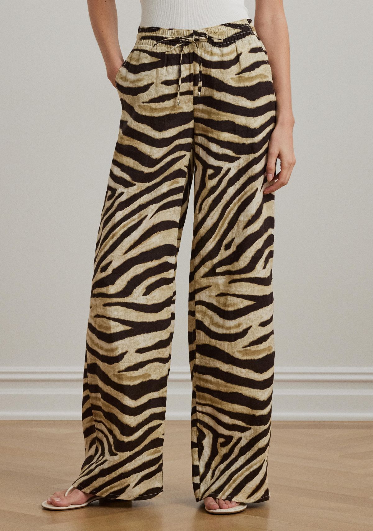 Womens Zebra-Print Linen Wide-Leg Pants