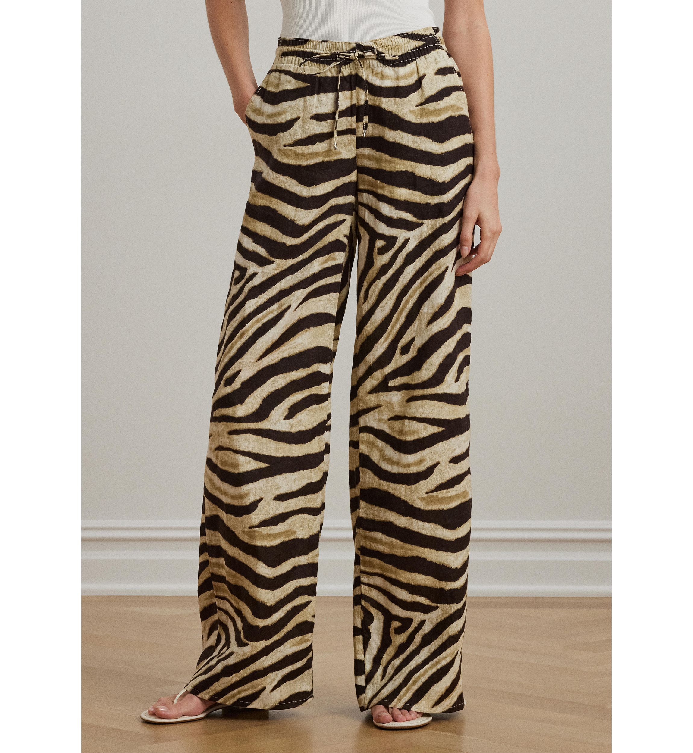Womens Zebra-Print Linen Wide-Leg Pants