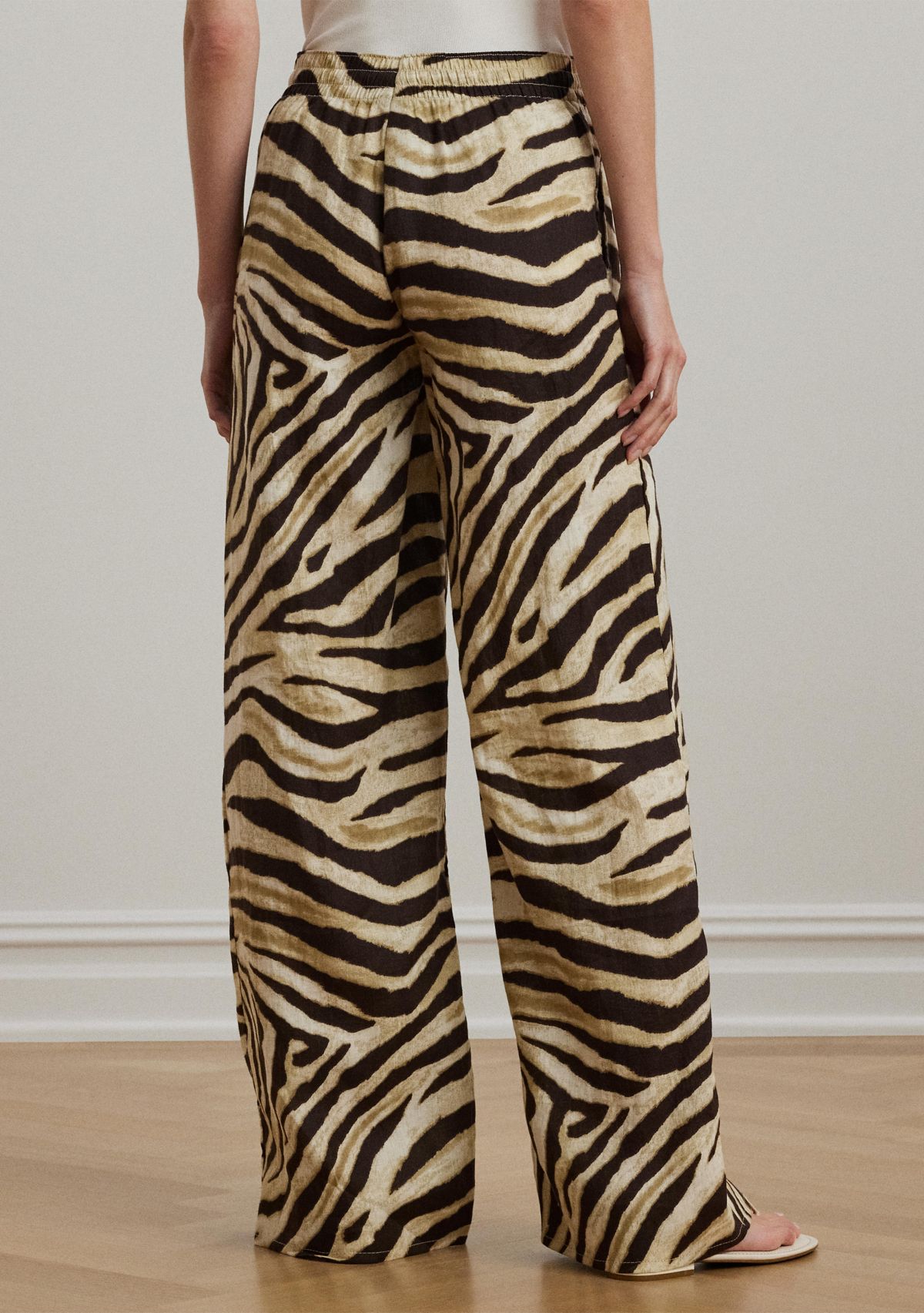 Womens Zebra-Print Linen Wide-Leg Pants