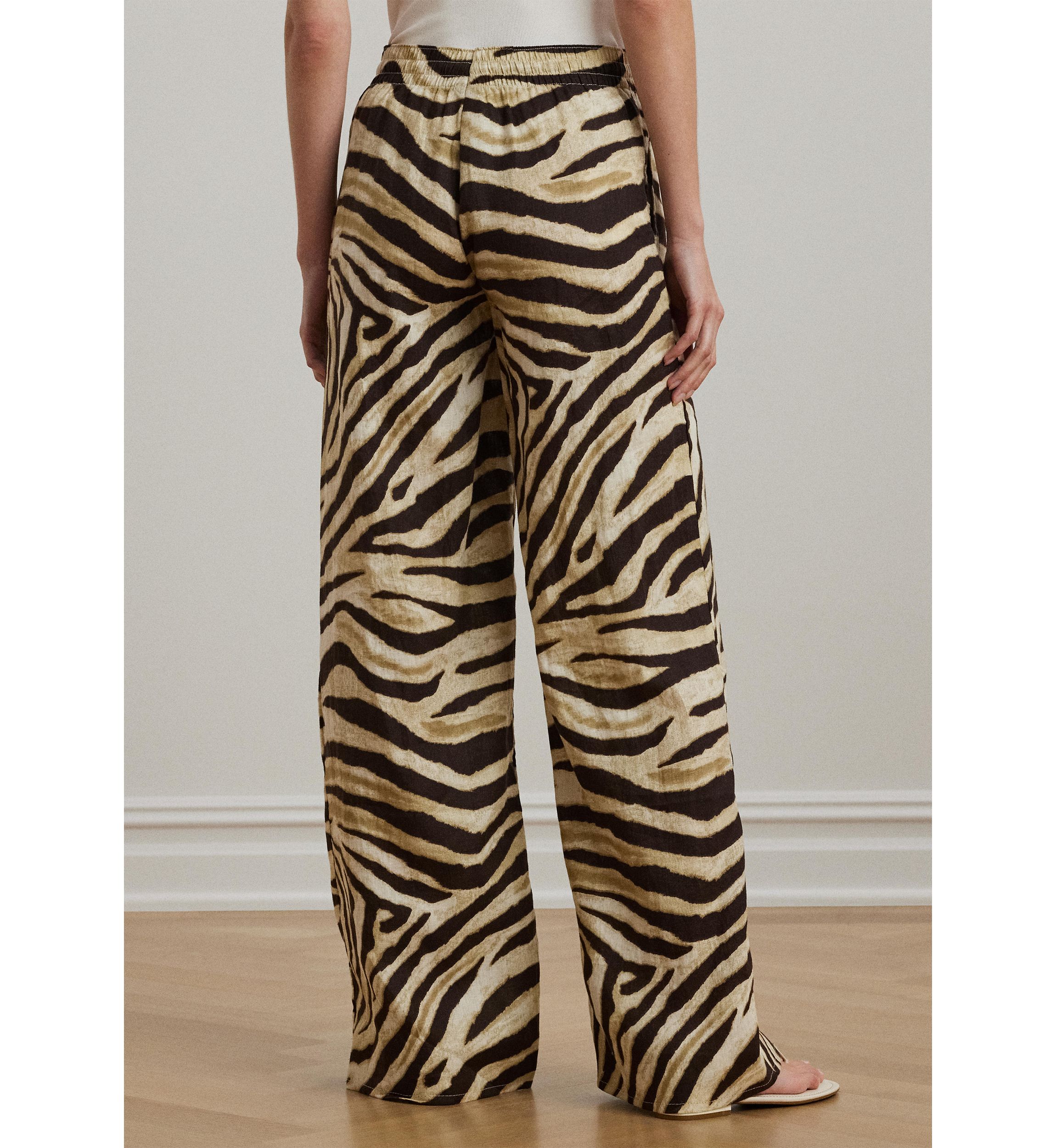 Womens Zebra-Print Linen Wide-Leg Pants