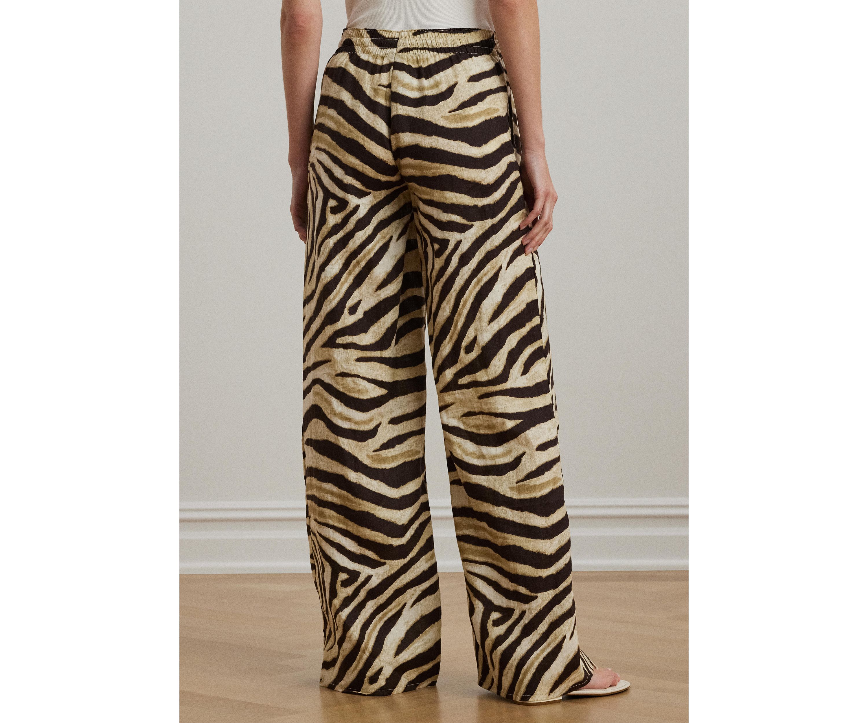Womens Zebra-Print Linen Wide-Leg Pants
