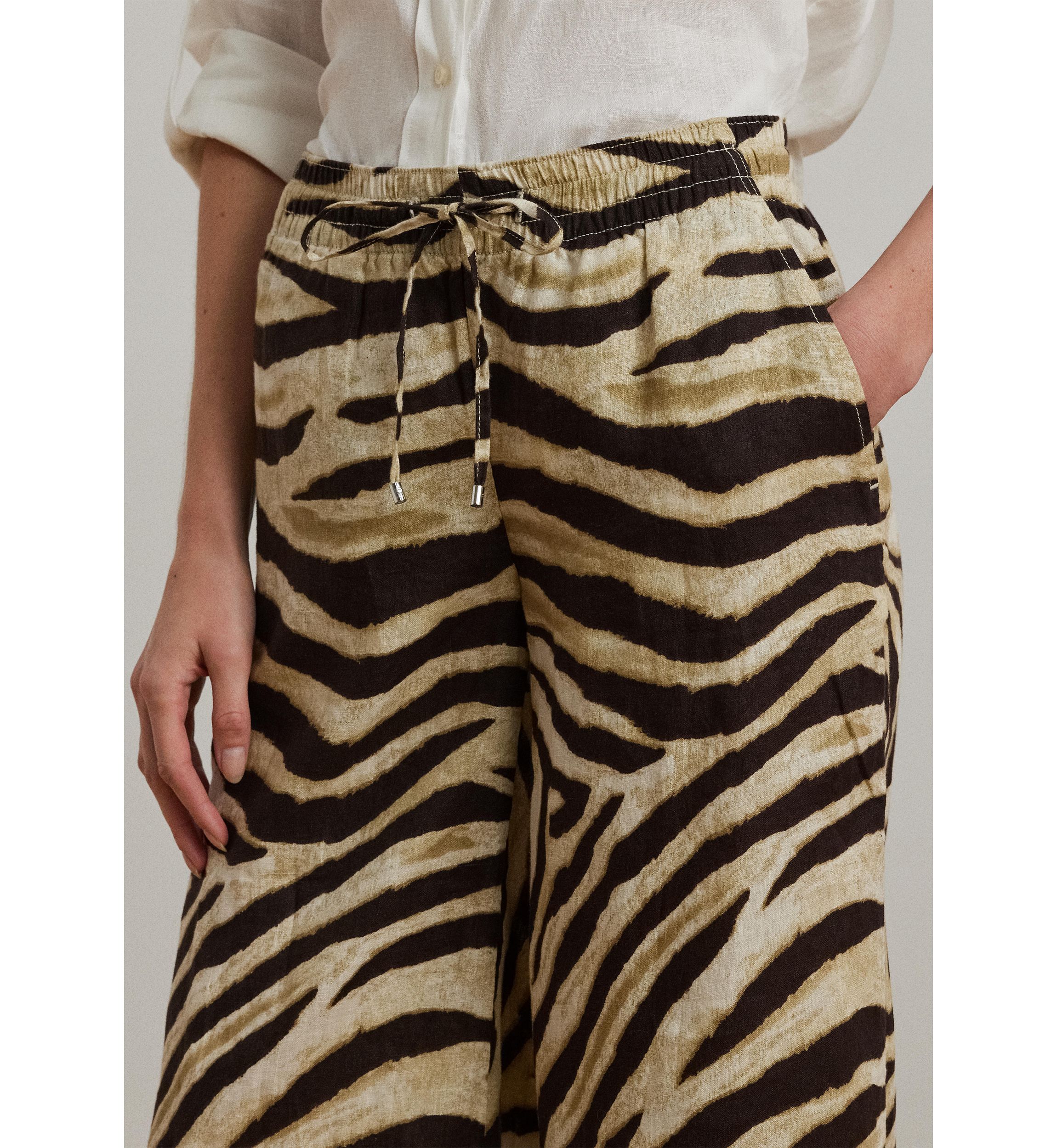 Womens Zebra-Print Linen Wide-Leg Pants