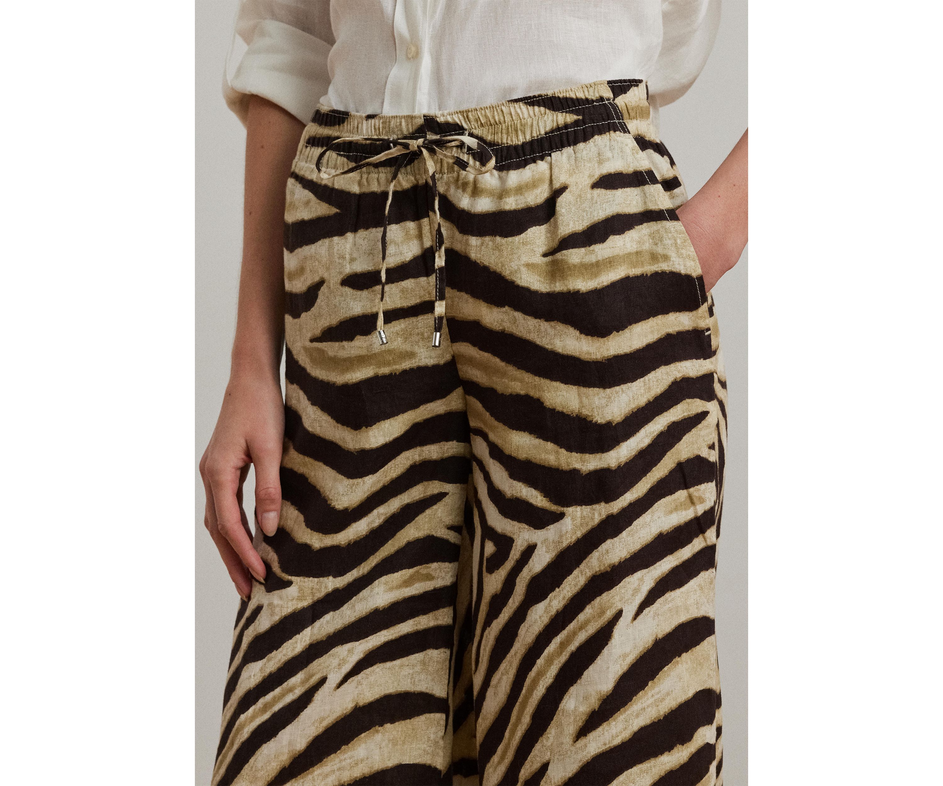 Womens Zebra-Print Linen Wide-Leg Pants