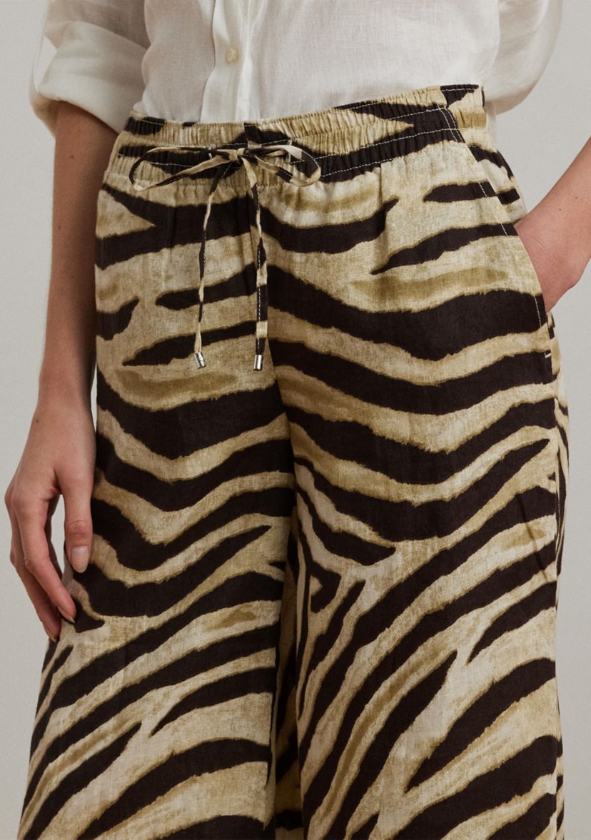 Womens Zebra-Print Linen Wide-Leg Pants