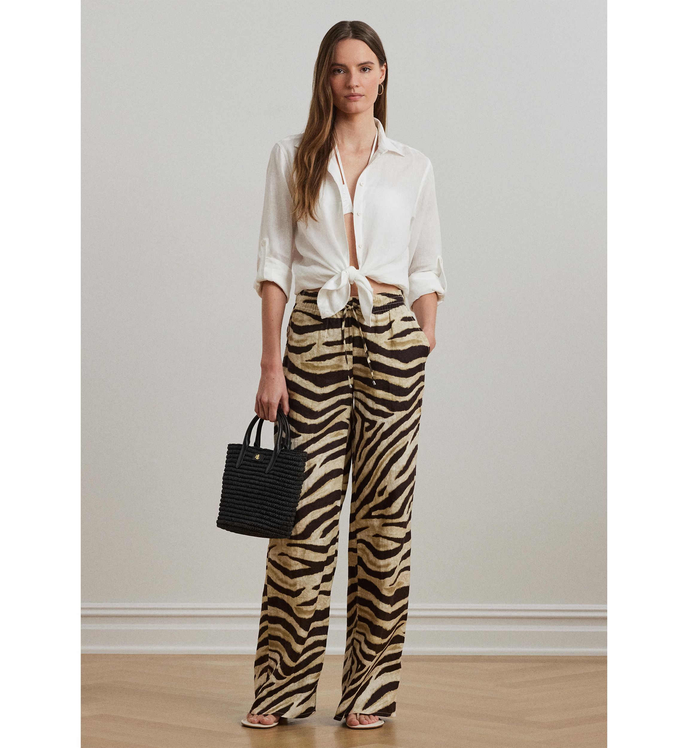 Womens Zebra-Print Linen Wide-Leg Pants