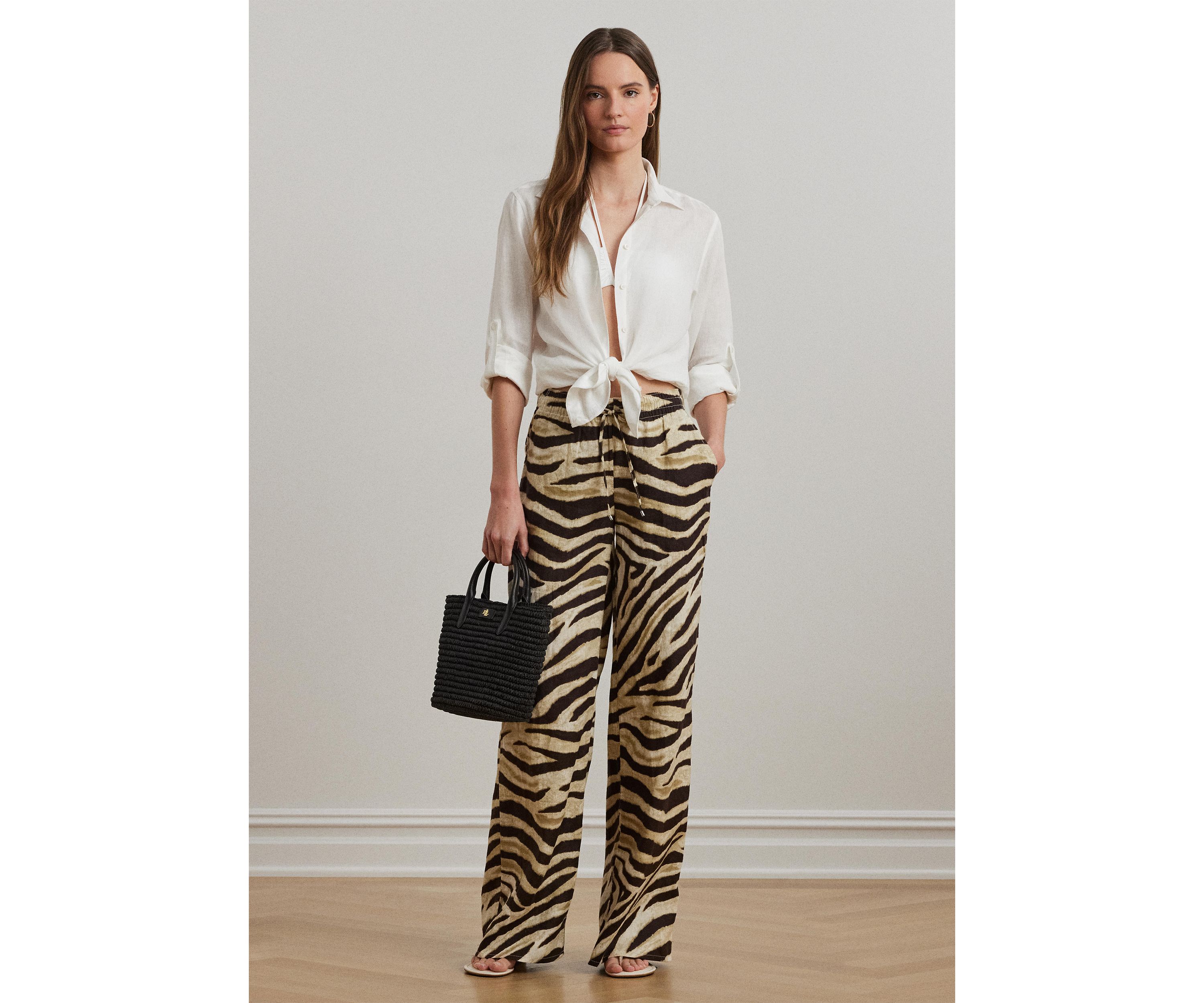 Womens Zebra-Print Linen Wide-Leg Pants