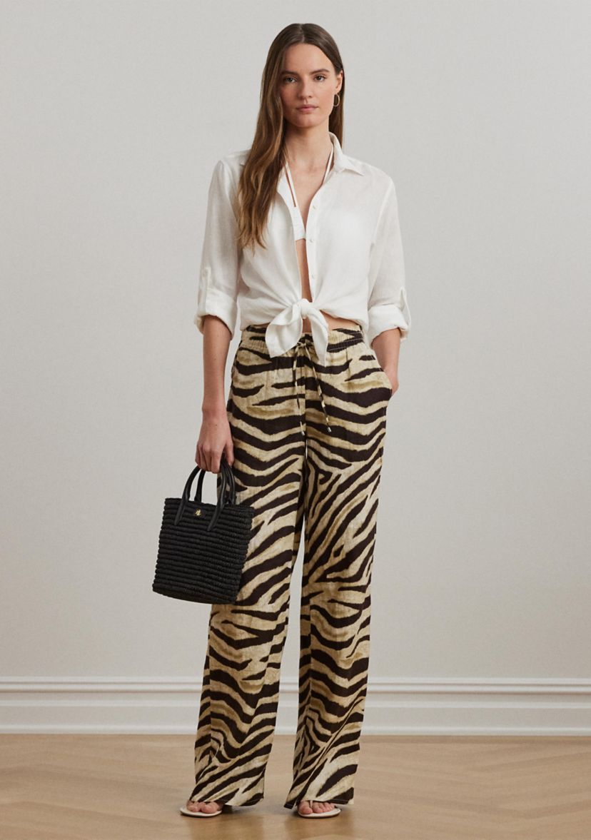 Womens Zebra-Print Linen Wide-Leg Pants
