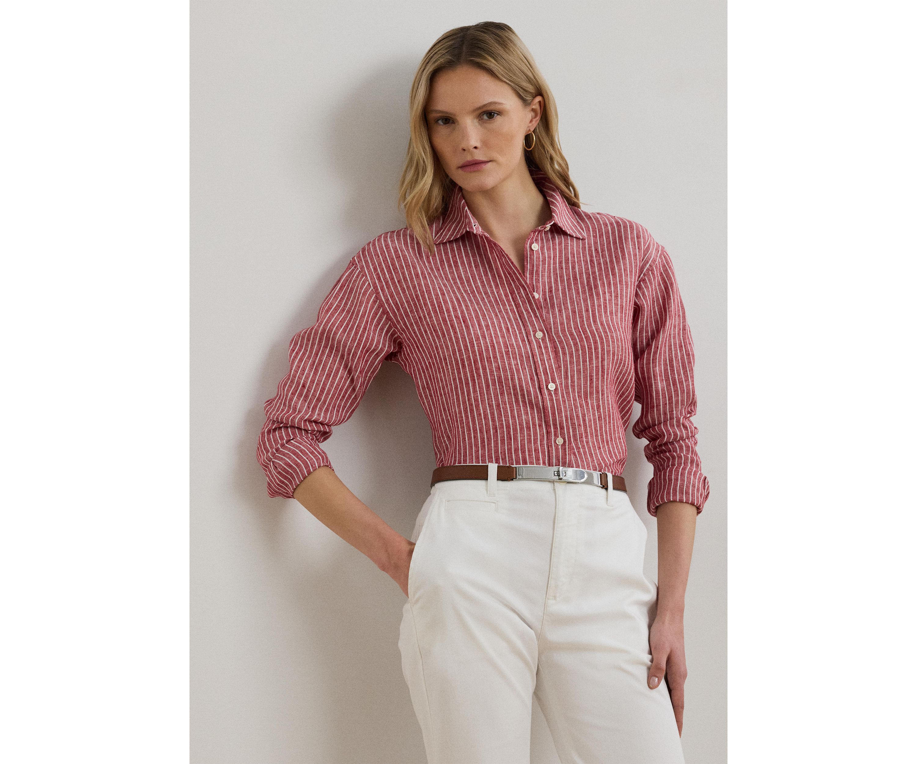 Womens Relaxed Fit Striped Linen Shirt