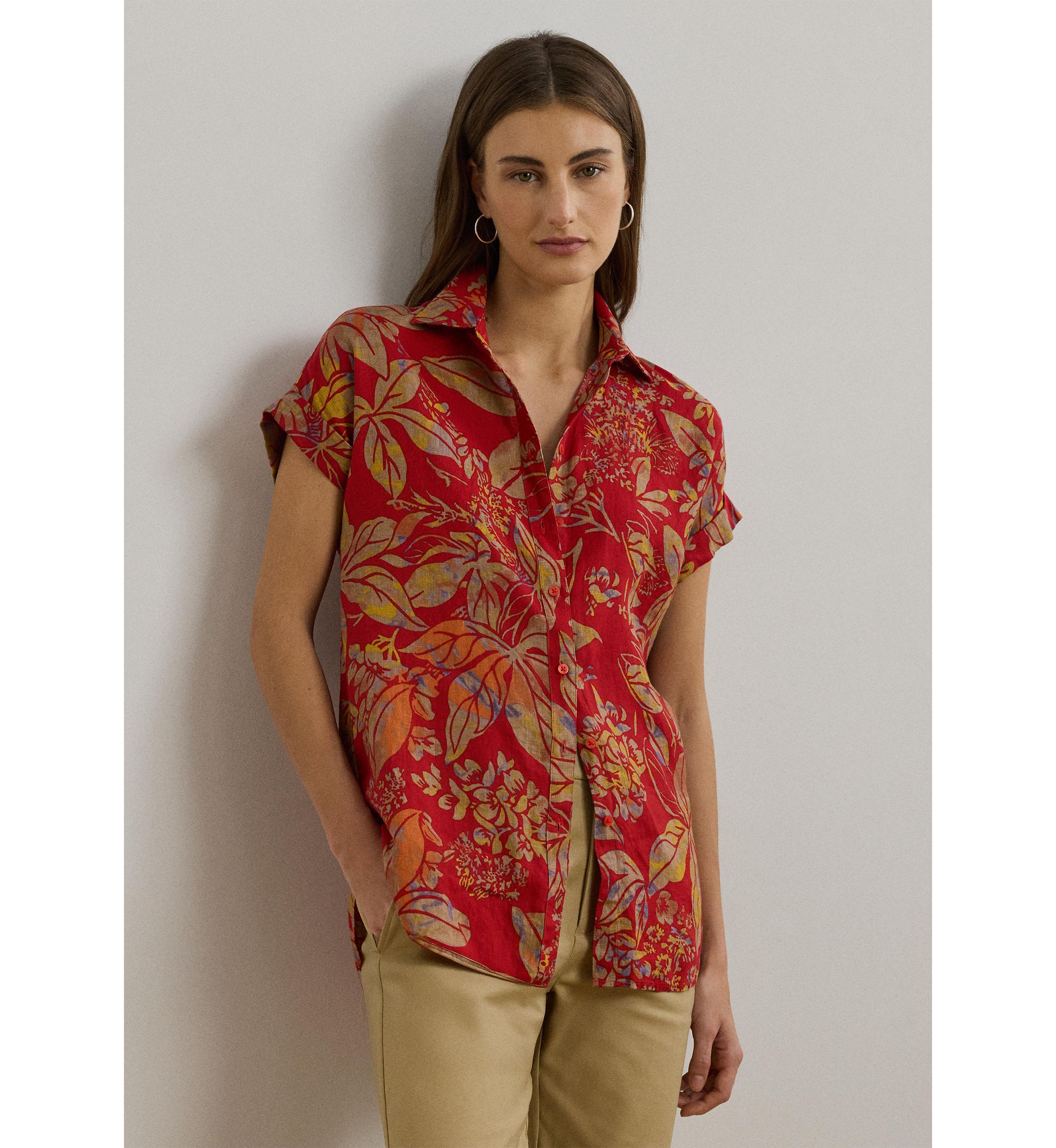 Womens Relaxed Fit Floral Short-Sleeve Shirt