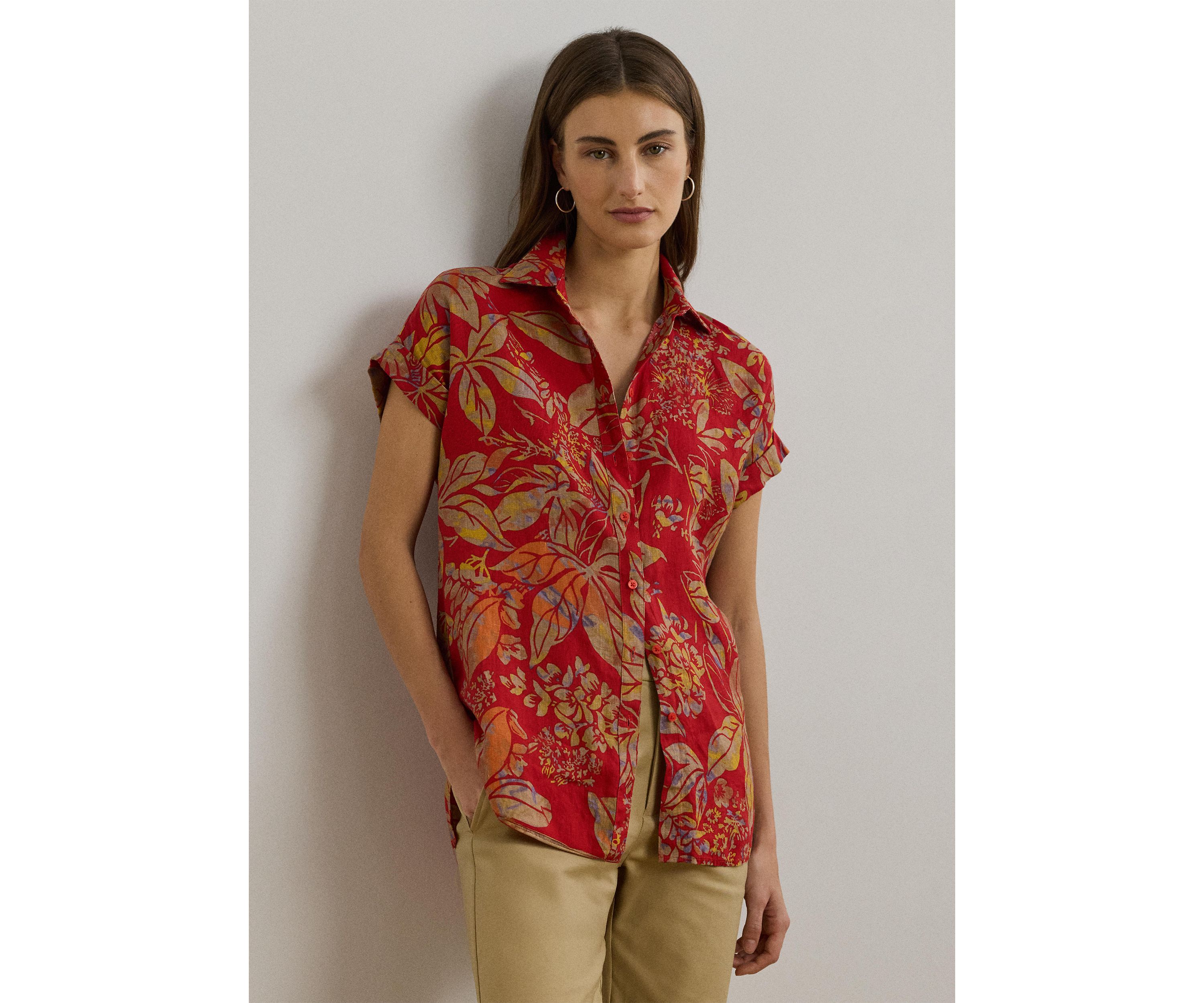 Womens Relaxed Fit Floral Short-Sleeve Shirt
