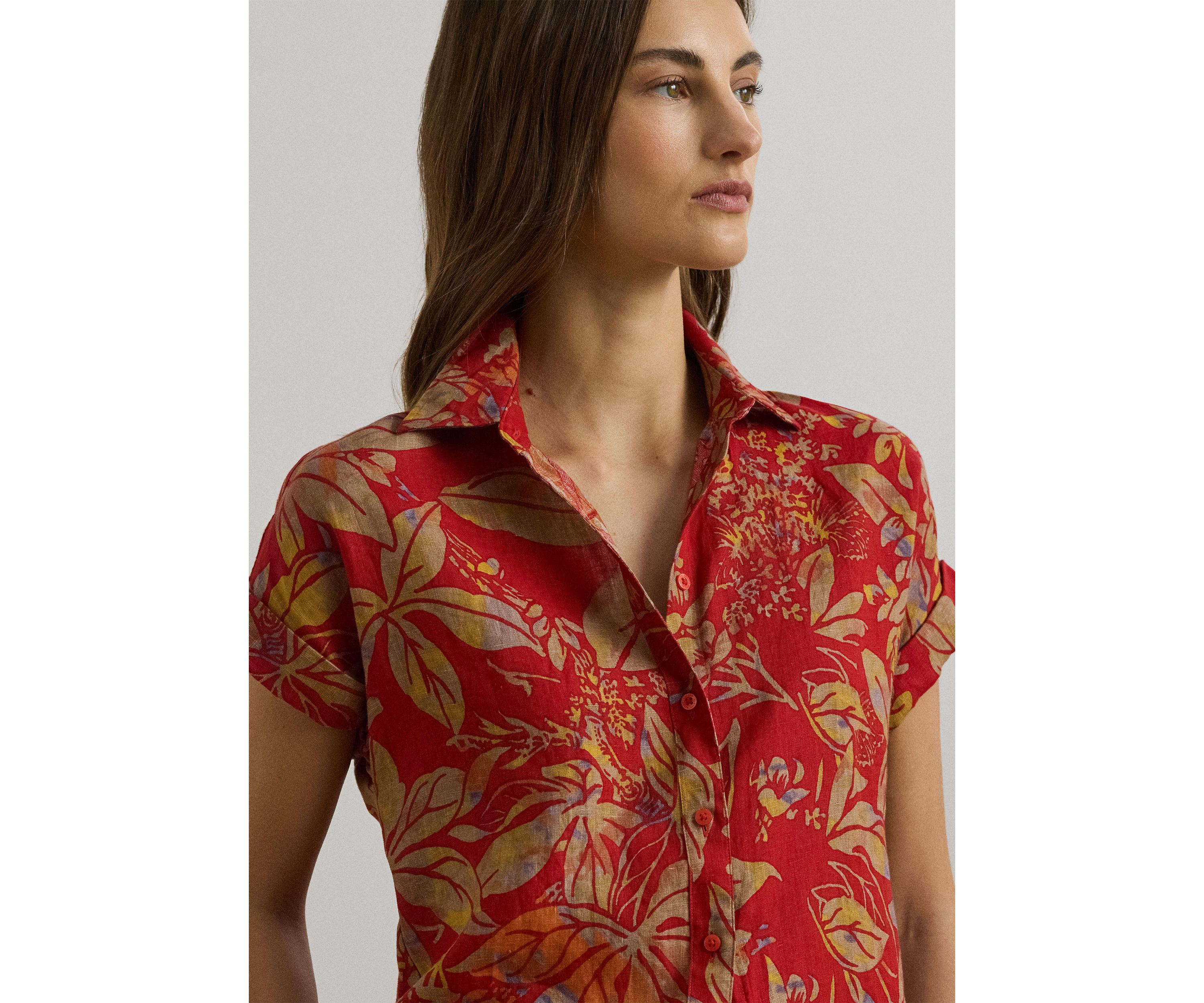 Womens Relaxed Fit Floral Short-Sleeve Shirt