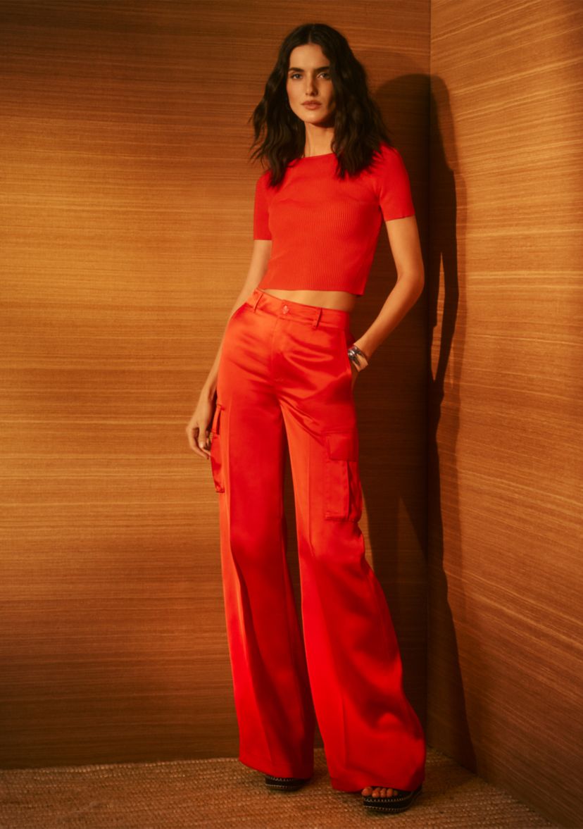 Satin Charmeuse Wide Leg Cargo Pants