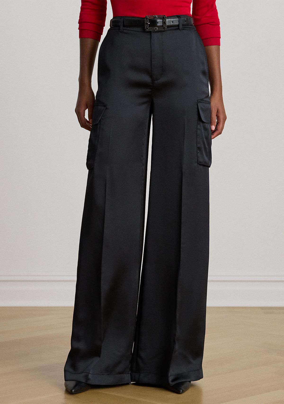 Womens Satin Charmeuse Wide-Leg Cargo Pants