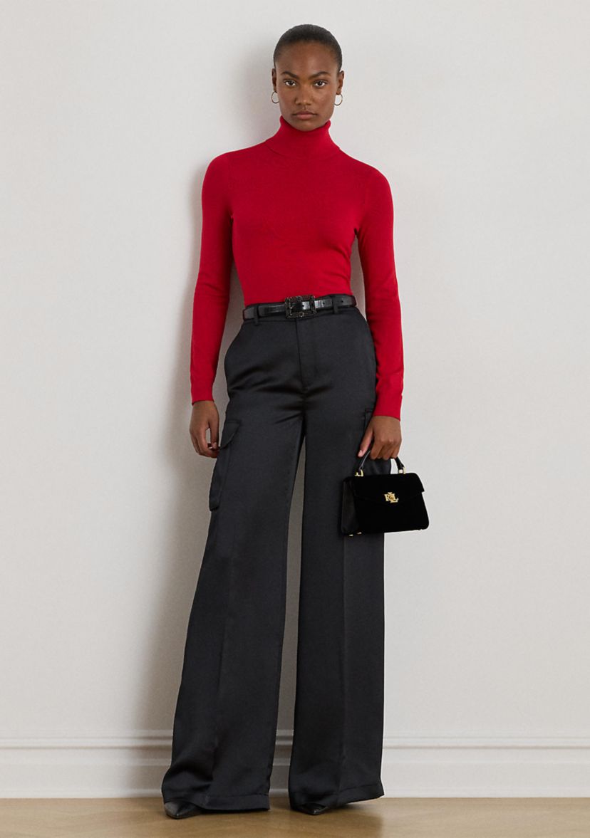 Womens Satin Charmeuse Wide-Leg Cargo Pants