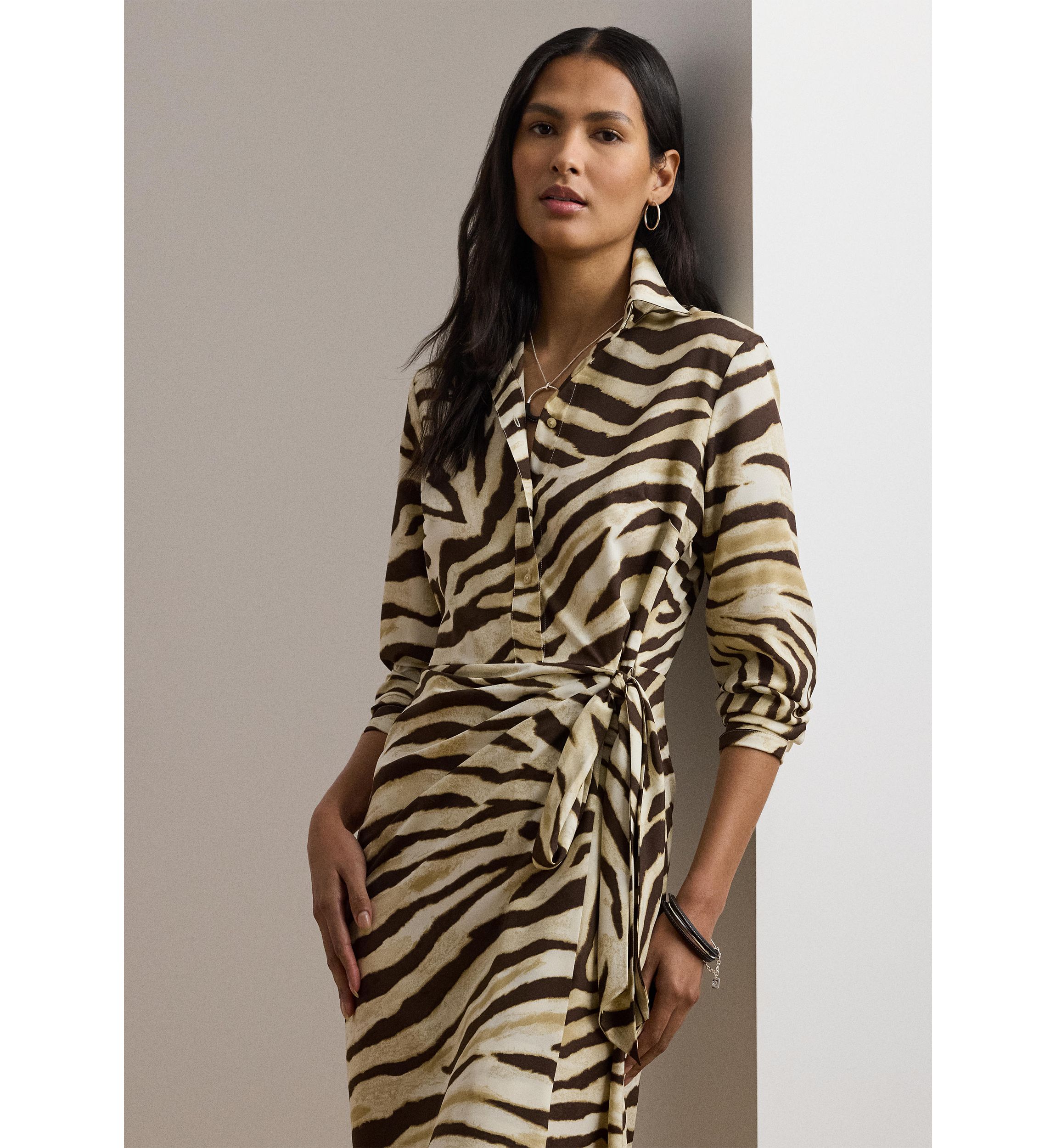 Womens Zebra-Print Tie-Front Crepe Shirtdress