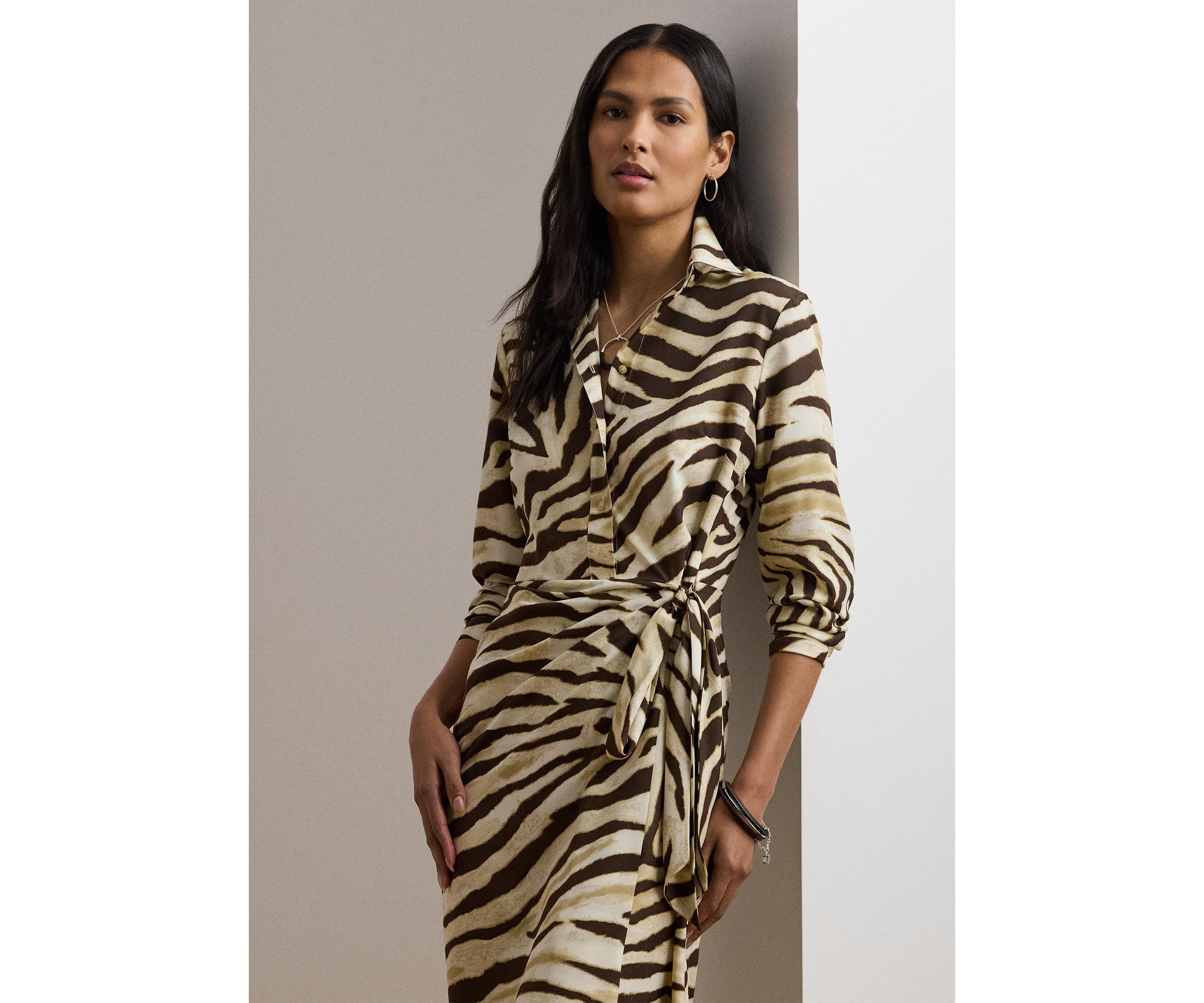 Womens Zebra-Print Tie-Front Crepe Shirtdress