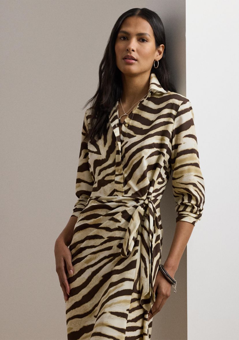 Womens Zebra-Print Tie-Front Crepe Shirtdress