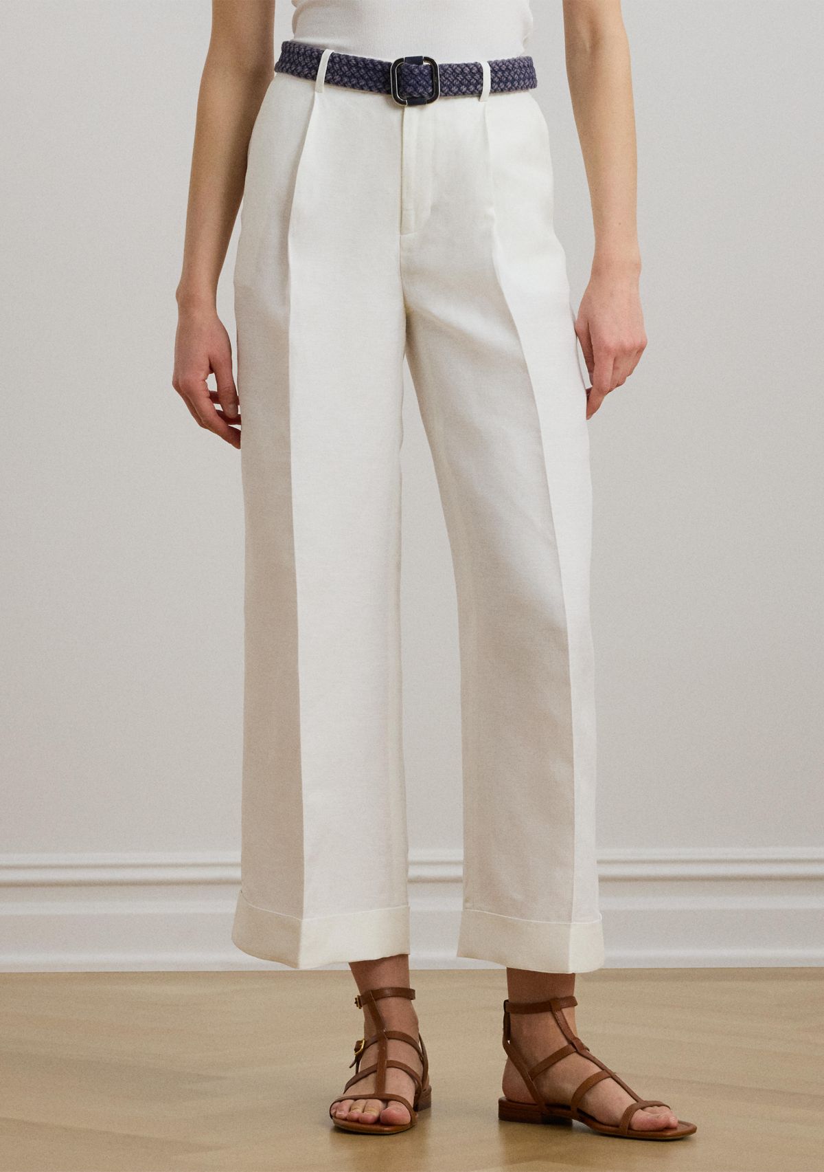 Pleated Linen Blend Twill Wide Leg Pants