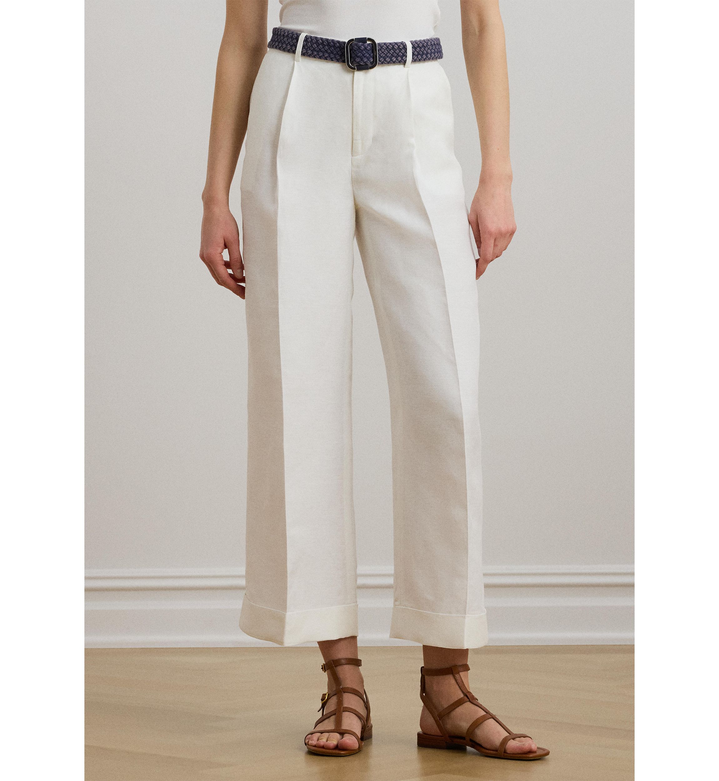 Pleated Linen Blend Twill Wide Leg Pants