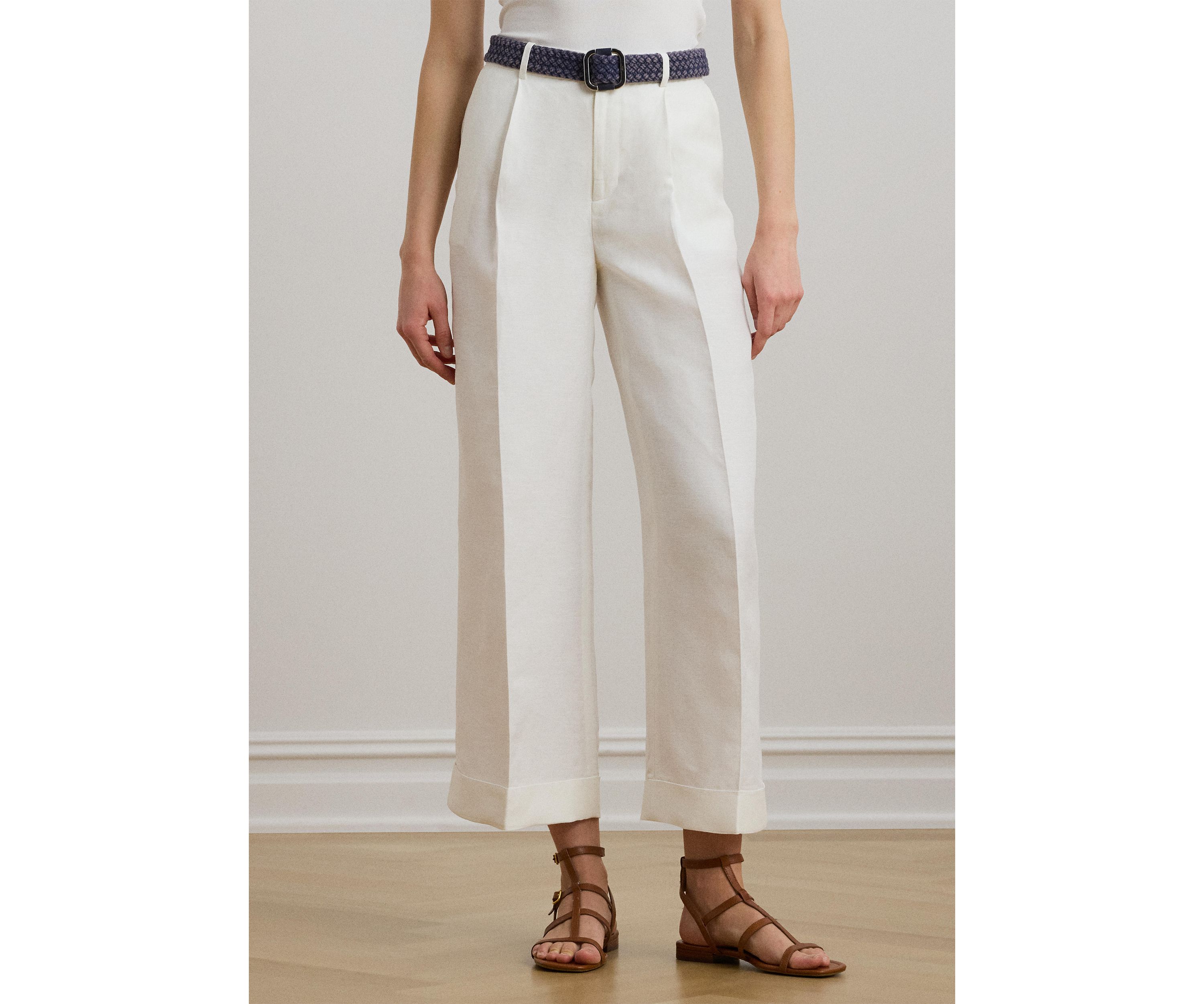 Pleated Linen Blend Twill Wide Leg Pants