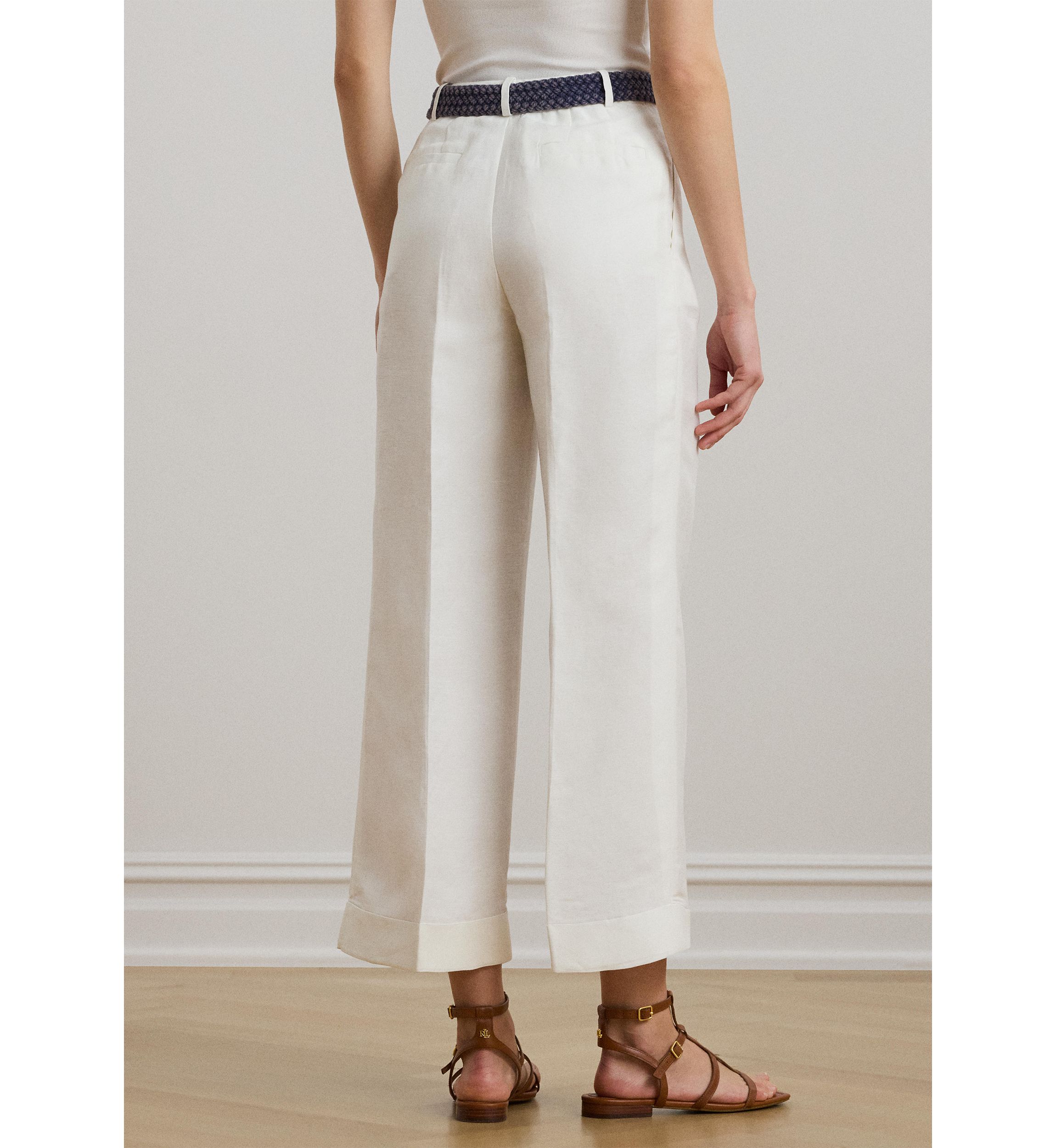 Pleated Linen Blend Twill Wide Leg Pants