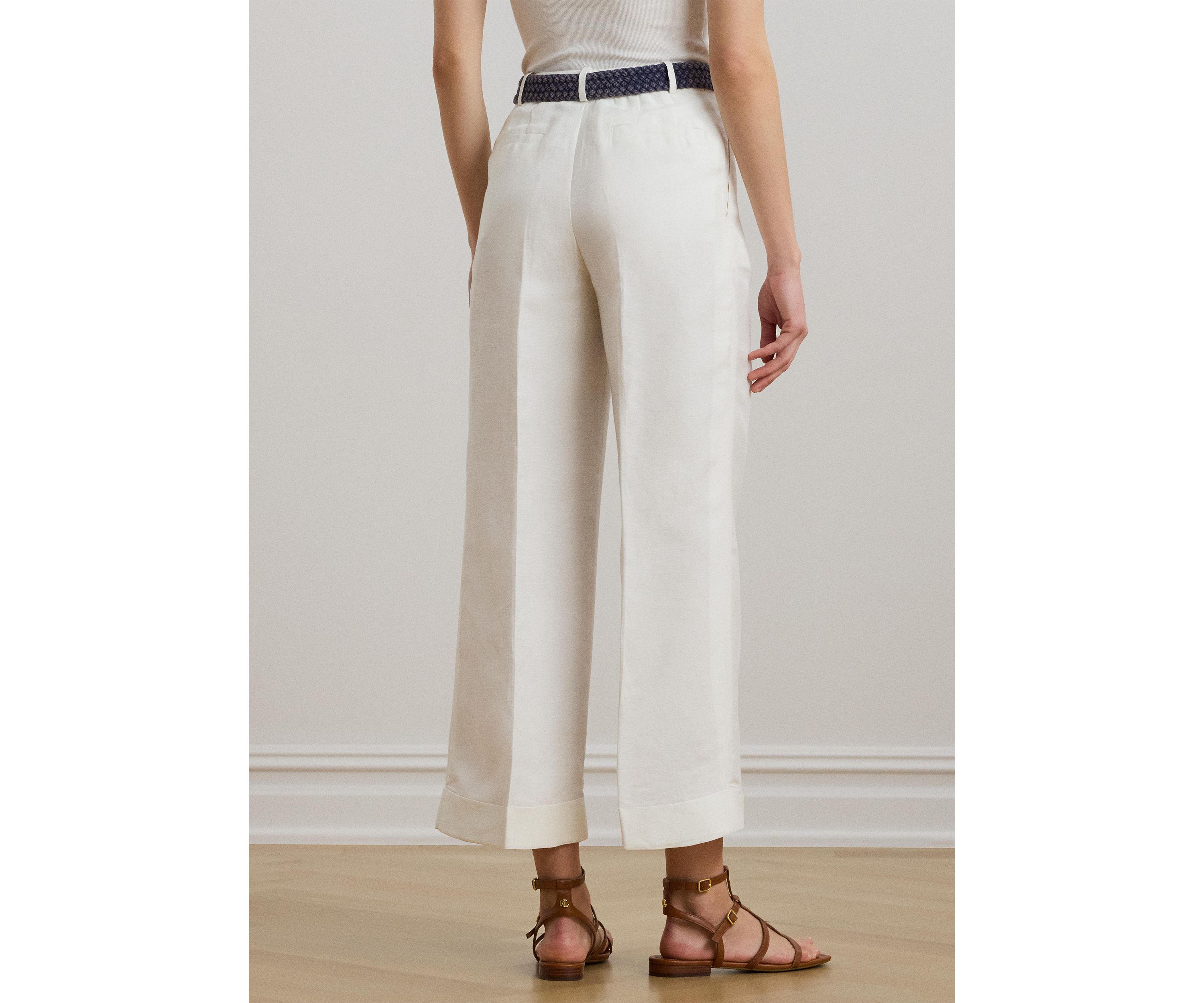 Pleated Linen Blend Twill Wide Leg Pants