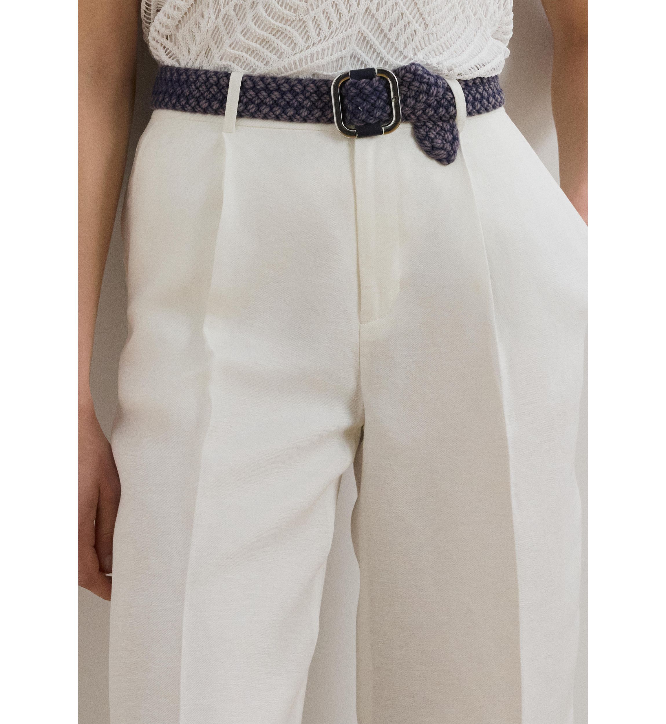 Pleated Linen Blend Twill Wide Leg Pants