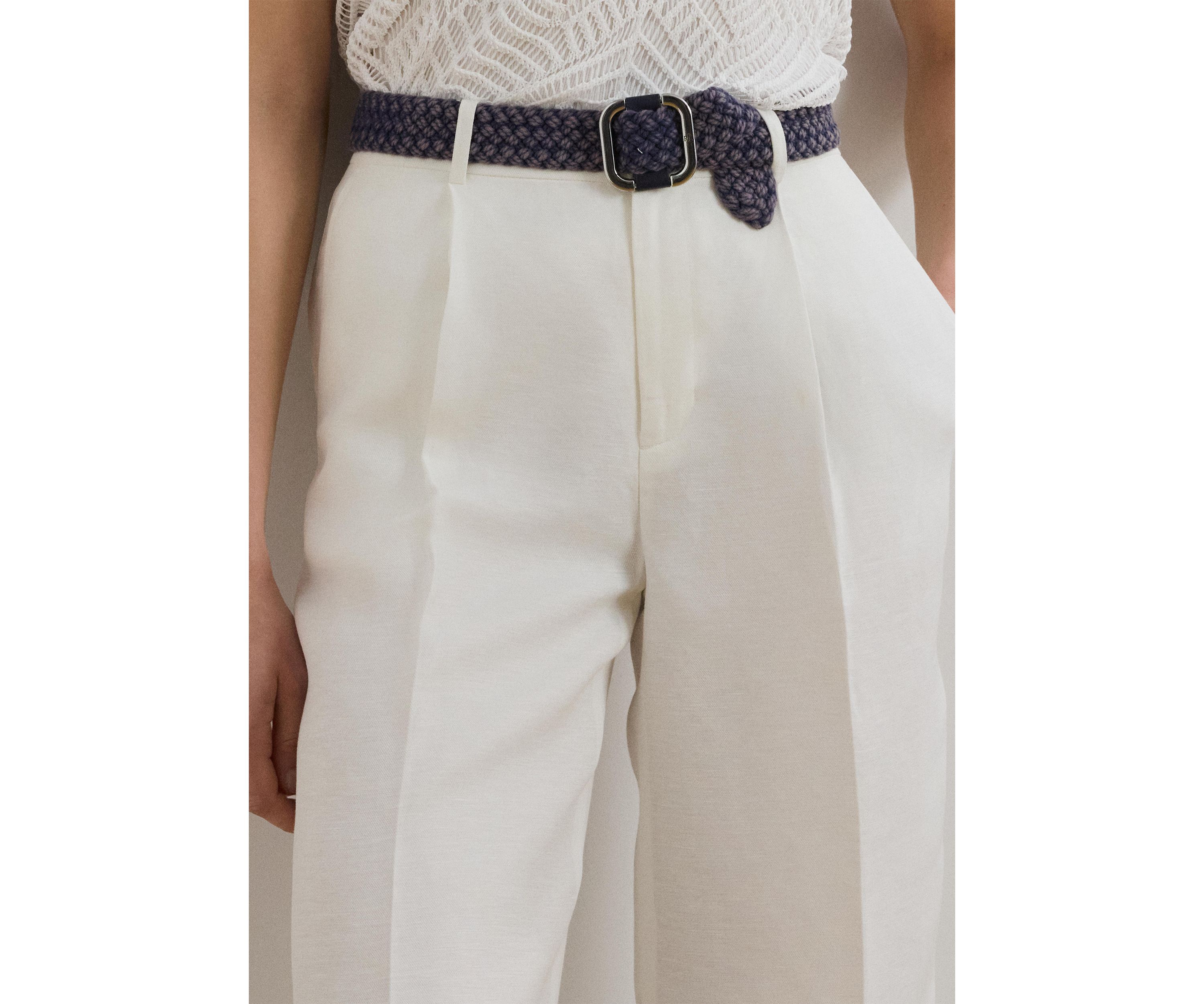 Pleated Linen Blend Twill Wide Leg Pants