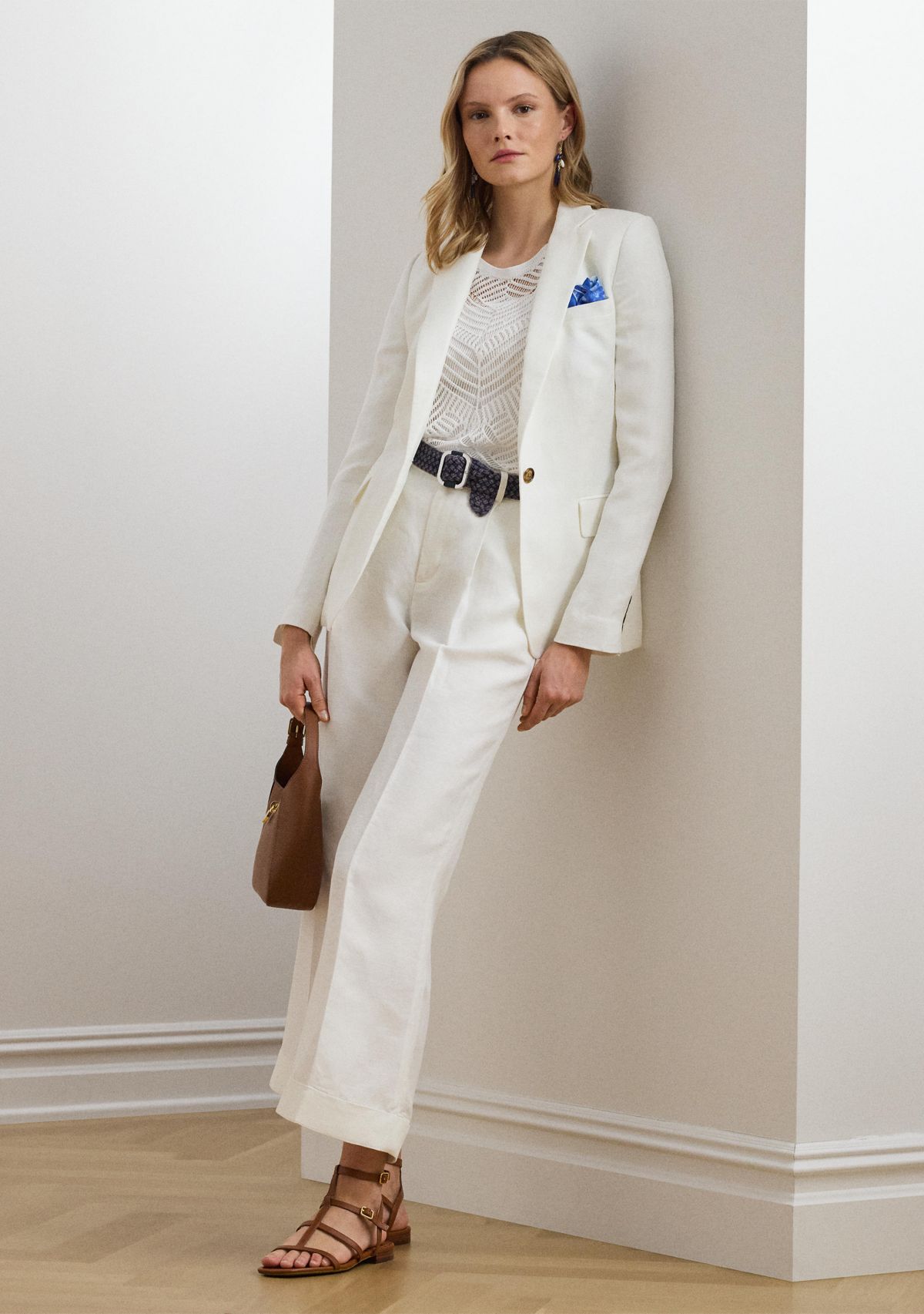 Pleated Linen Blend Twill Wide Leg Pants