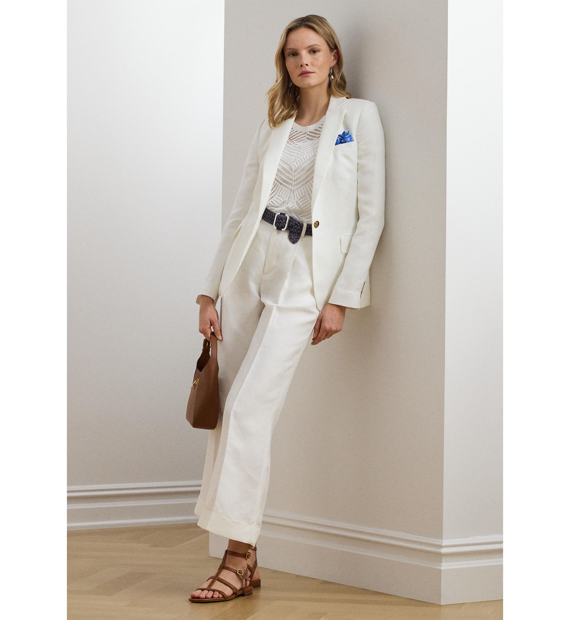 Pleated Linen Blend Twill Wide Leg Pants