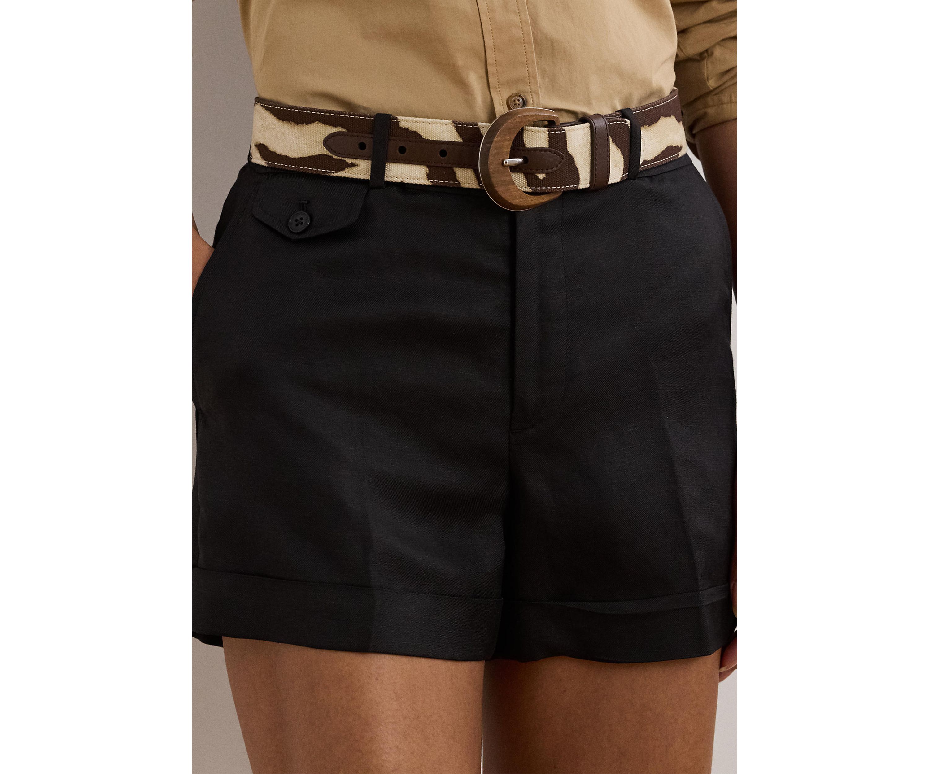 Pleated Linen Blend Twill Shorts