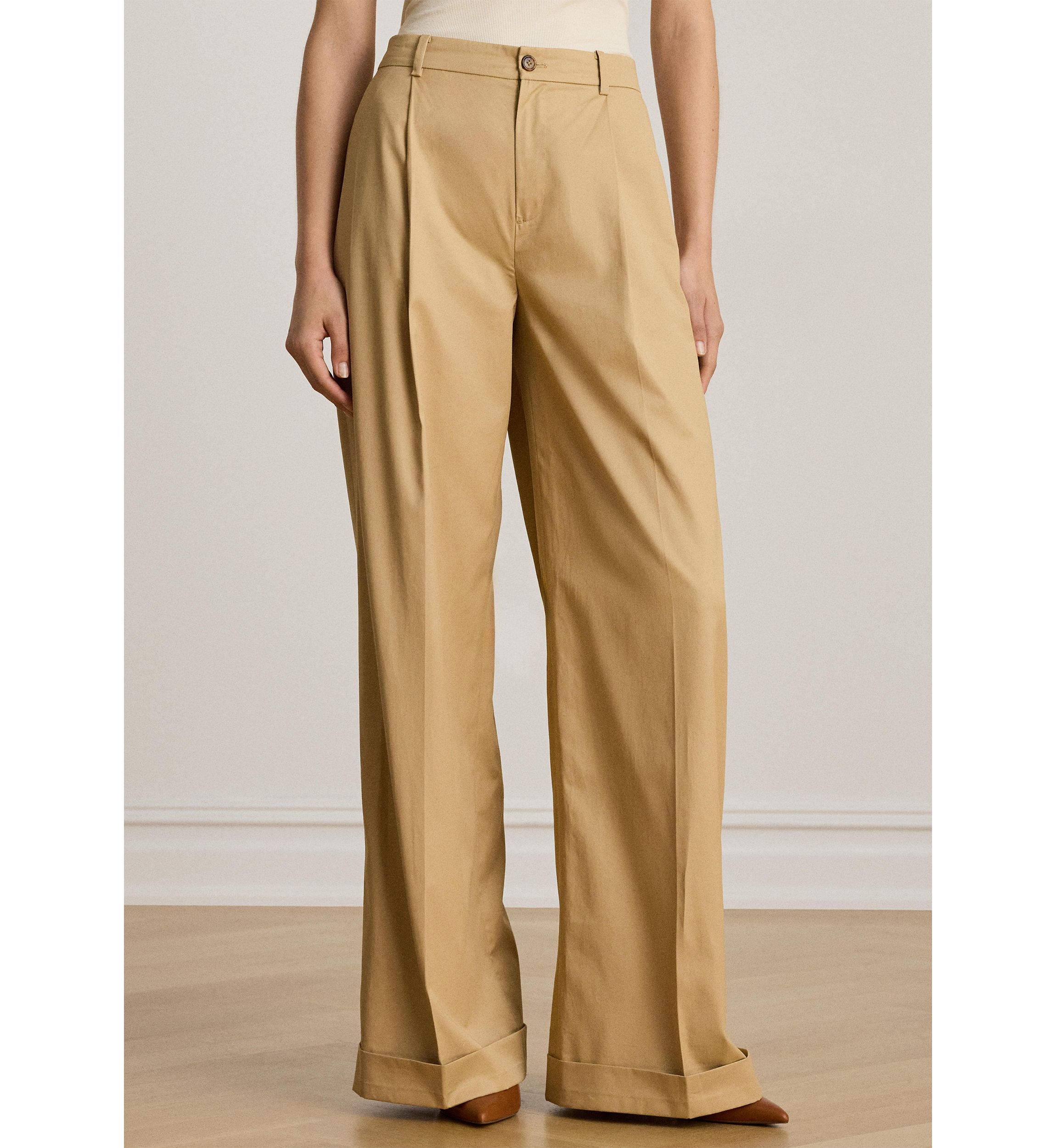 Pleated Cotton Twill Wide Leg Pants