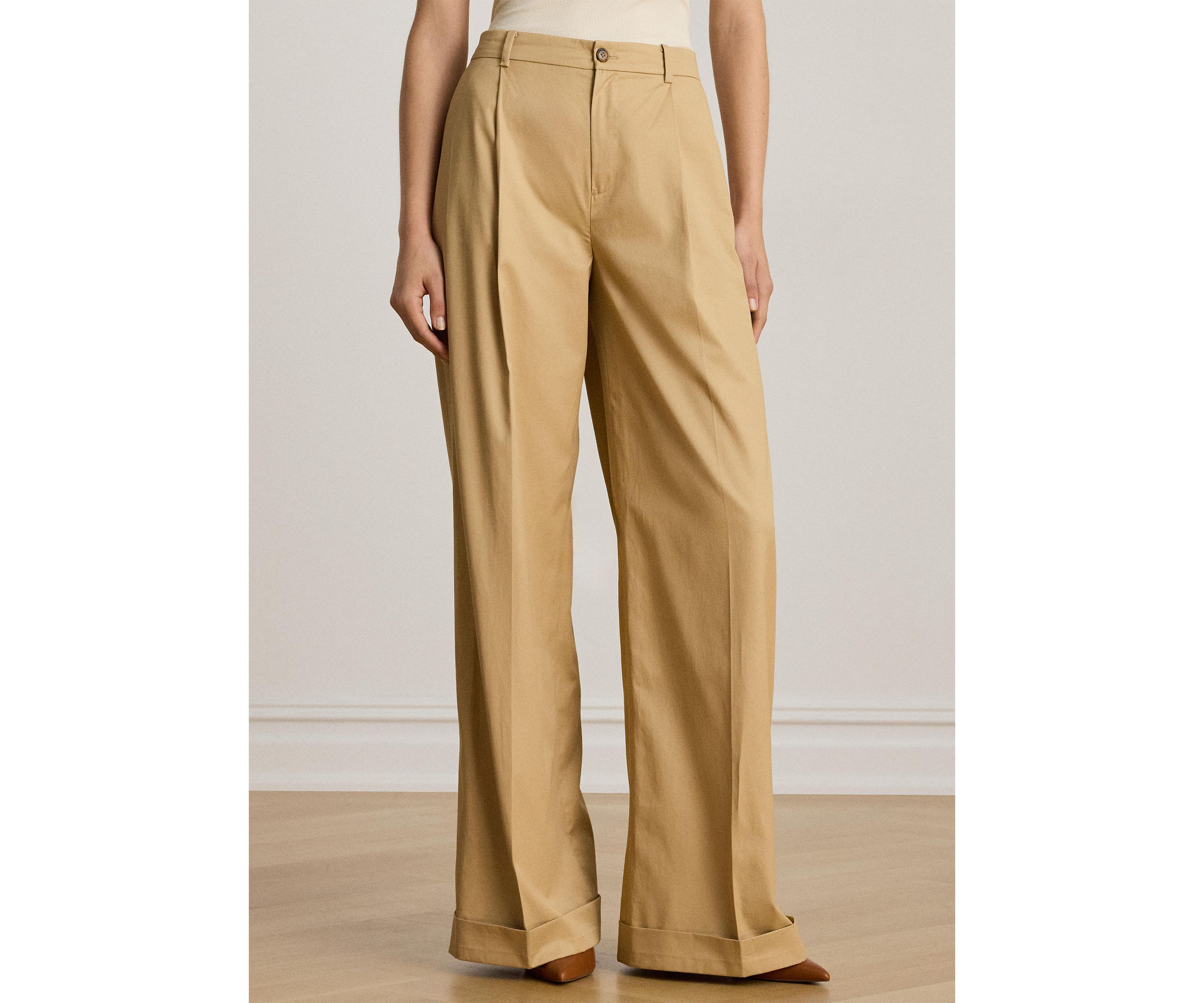 Pleated Cotton Twill Wide Leg Pants