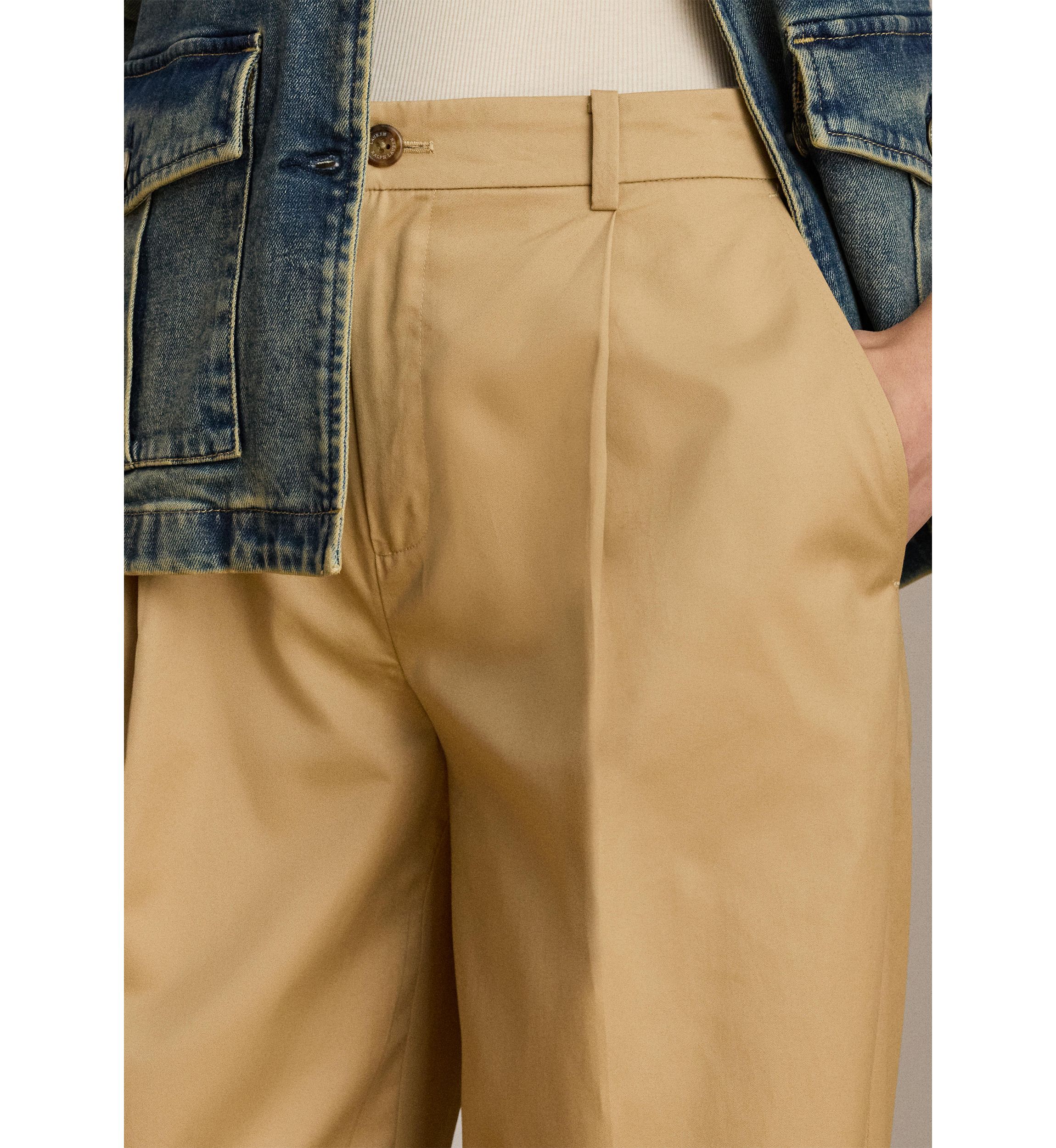 Pleated Cotton Twill Wide Leg Pants