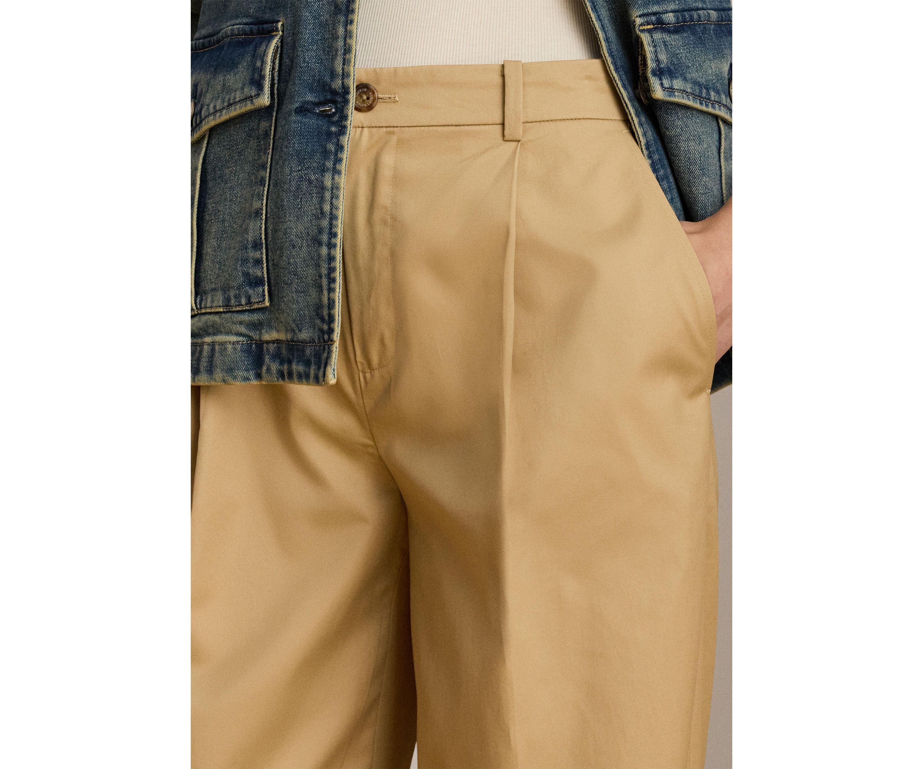 Pleated Cotton Twill Wide Leg Pants