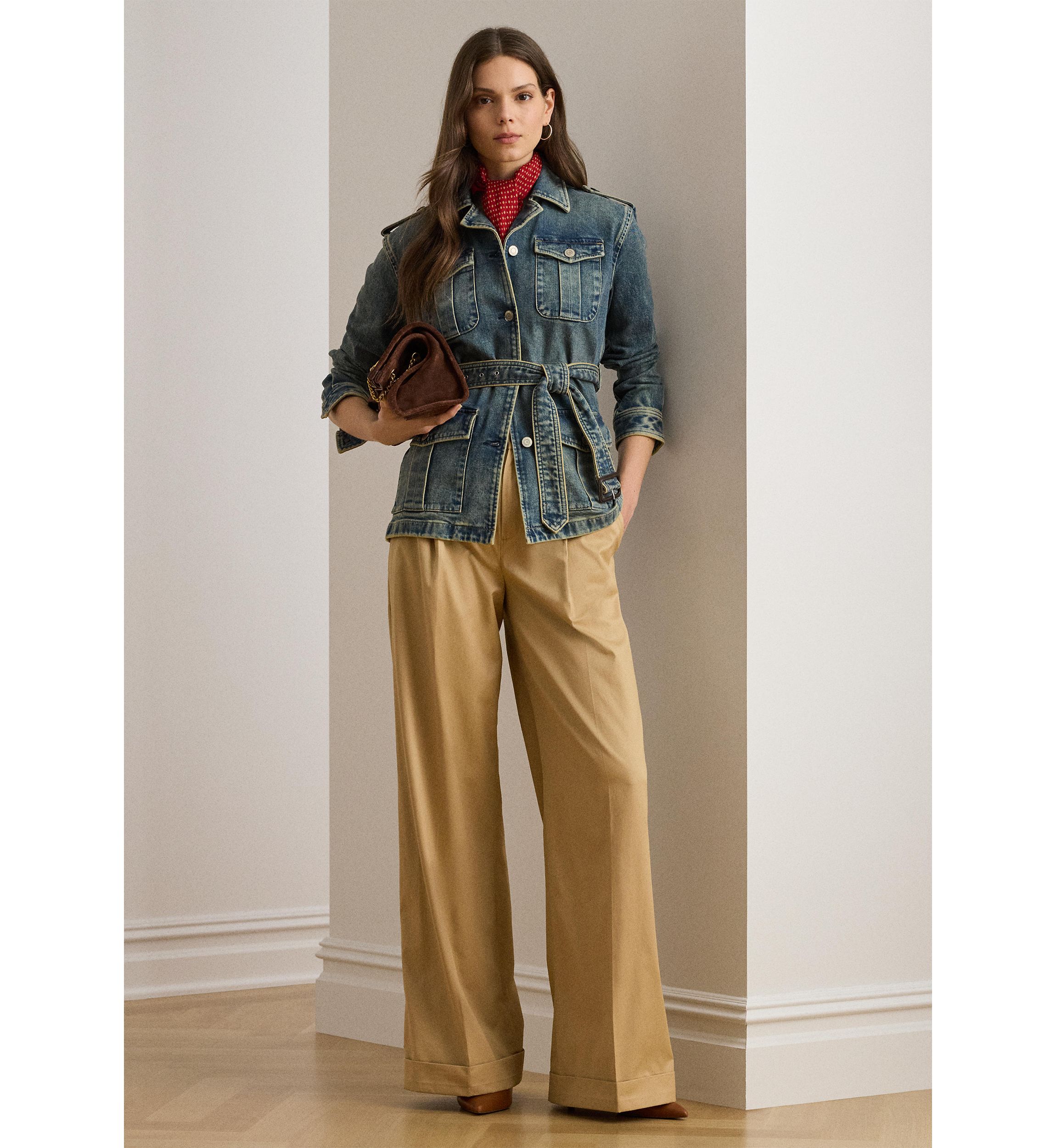 Pleated Cotton Twill Wide Leg Pants