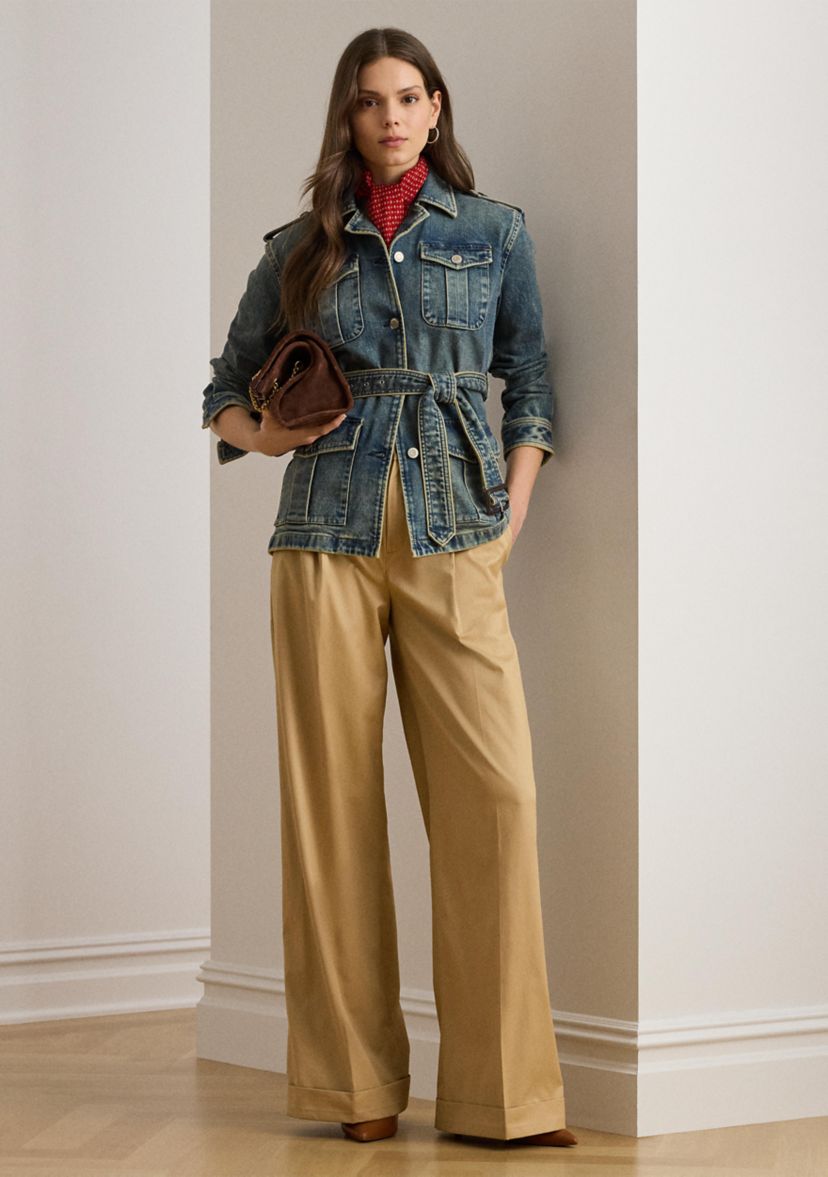 Pleated Cotton Twill Wide Leg Pants