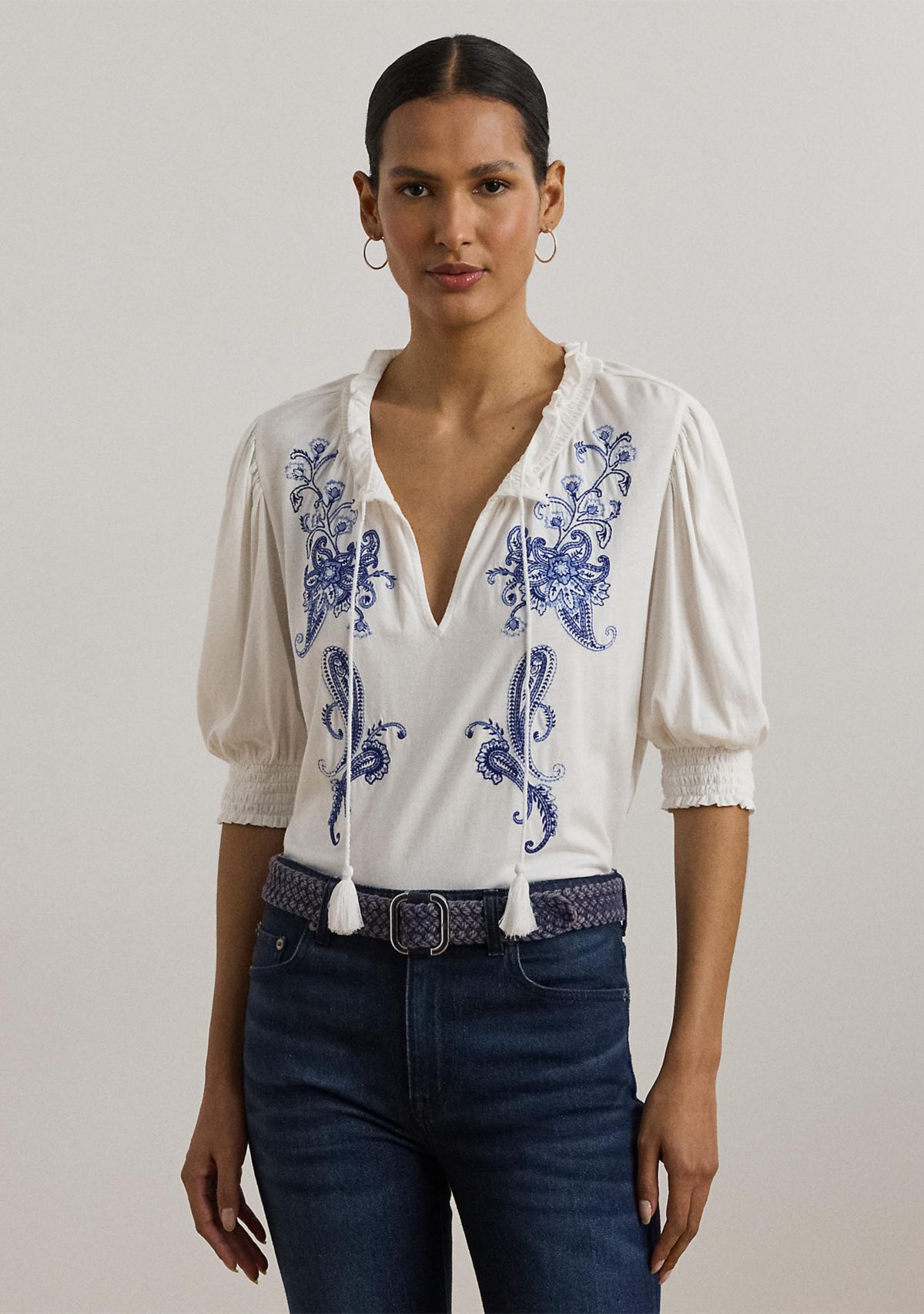Embroidered Jersey Tie-Neck Top