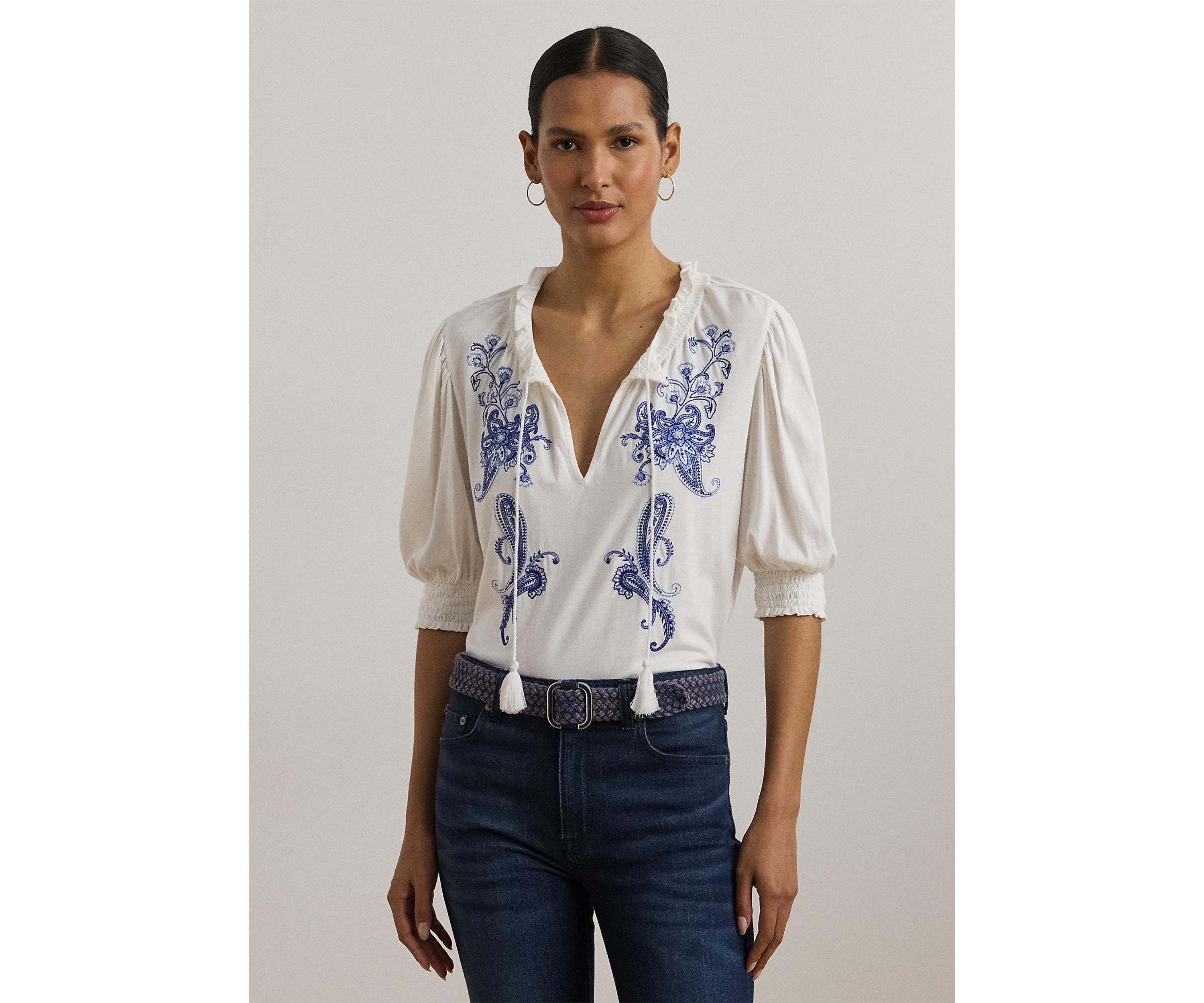 Embroidered Jersey Tie-Neck Top