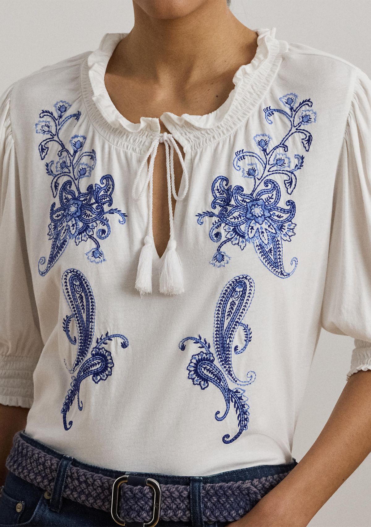 Embroidered Jersey Tie-Neck Top