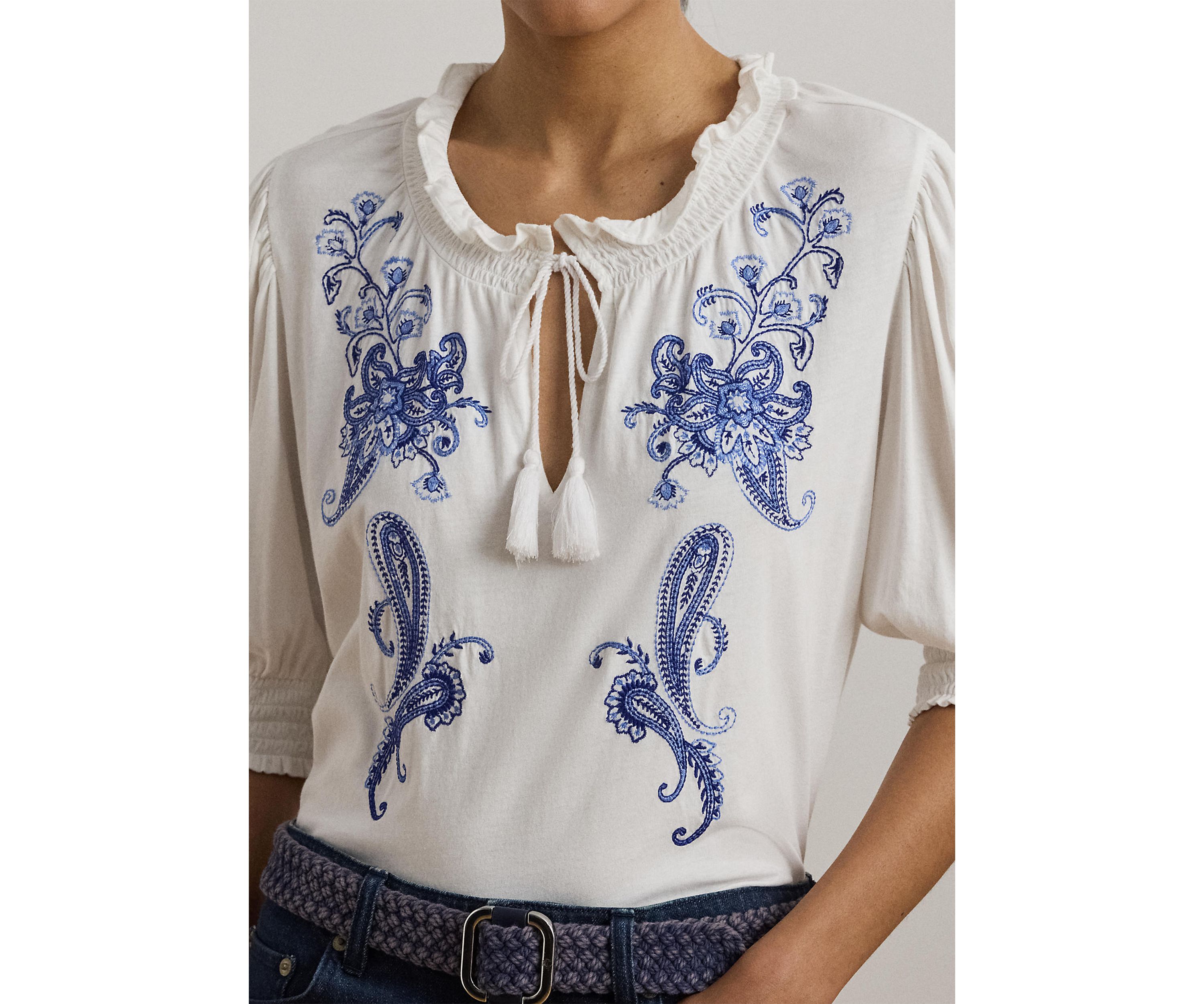 Embroidered Jersey Tie-Neck Top