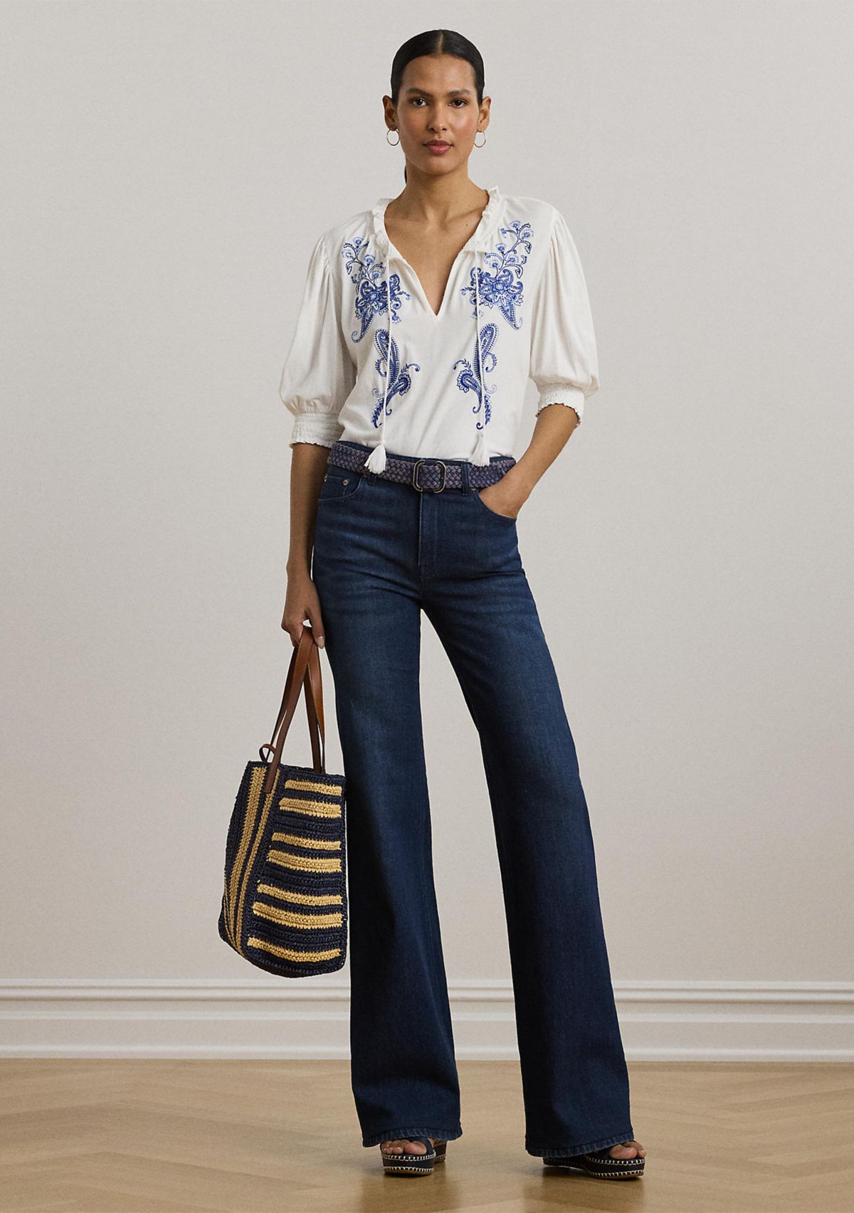 Embroidered Jersey Tie-Neck Top