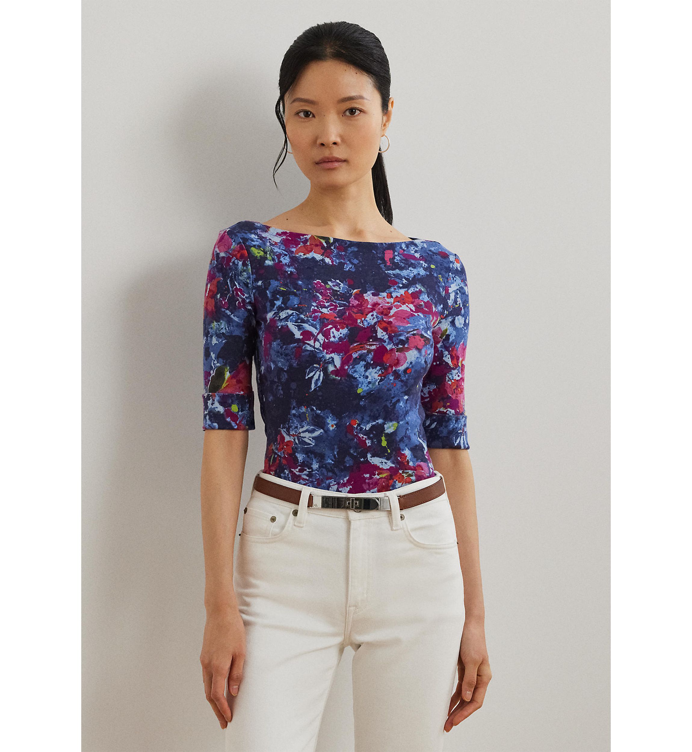 Print Stretch Cotton Boat Neck Tee