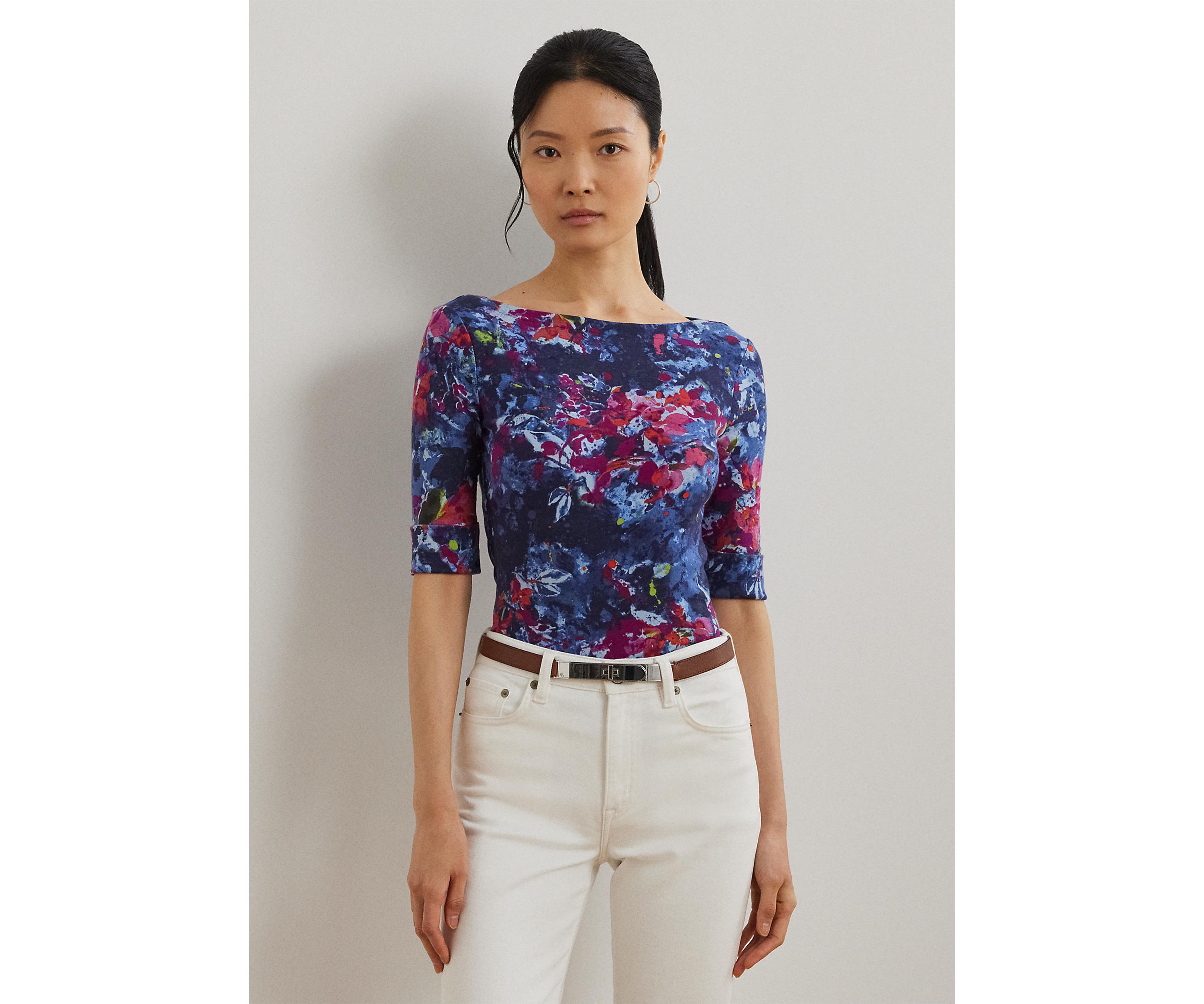 Print Stretch Cotton Boat Neck Tee