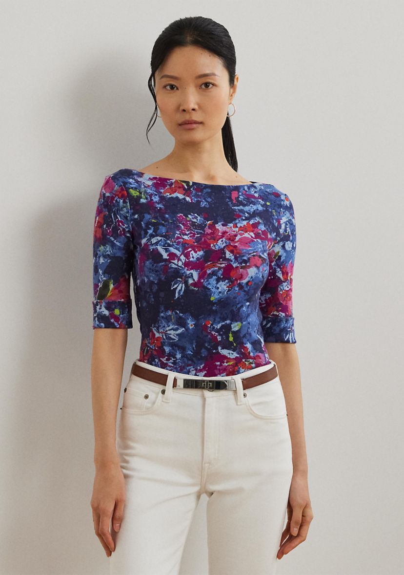 Print Stretch Cotton Boat Neck Tee