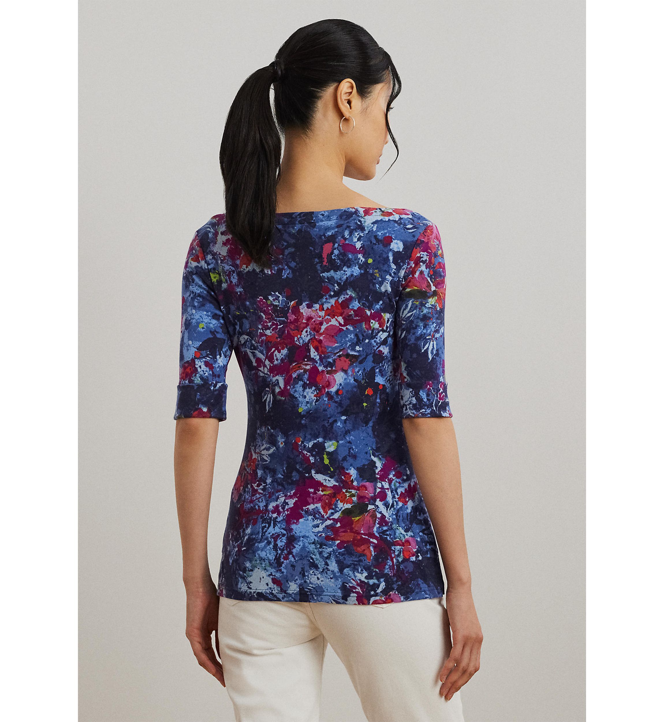 Print Stretch Cotton Boat Neck Tee